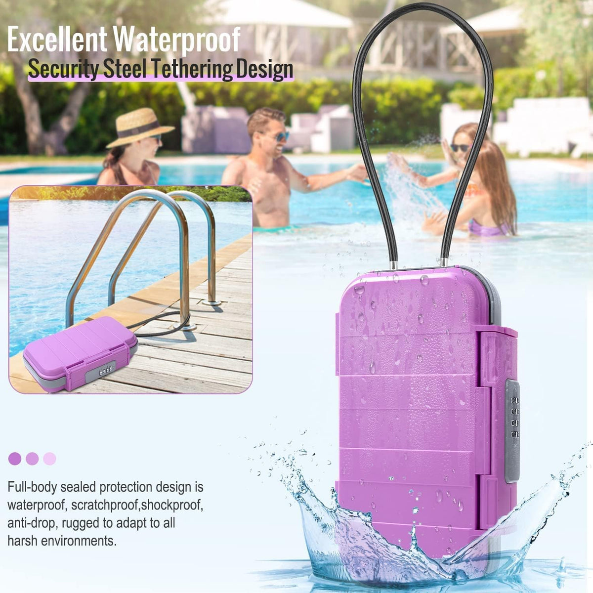 BKNOOU Portable Safe with Removable Chain, Anti-Theft Beach Safe Box, Waterproof Combination Lock Box for Travel, Dorm, Beach, Hotel, Car, Home, Office