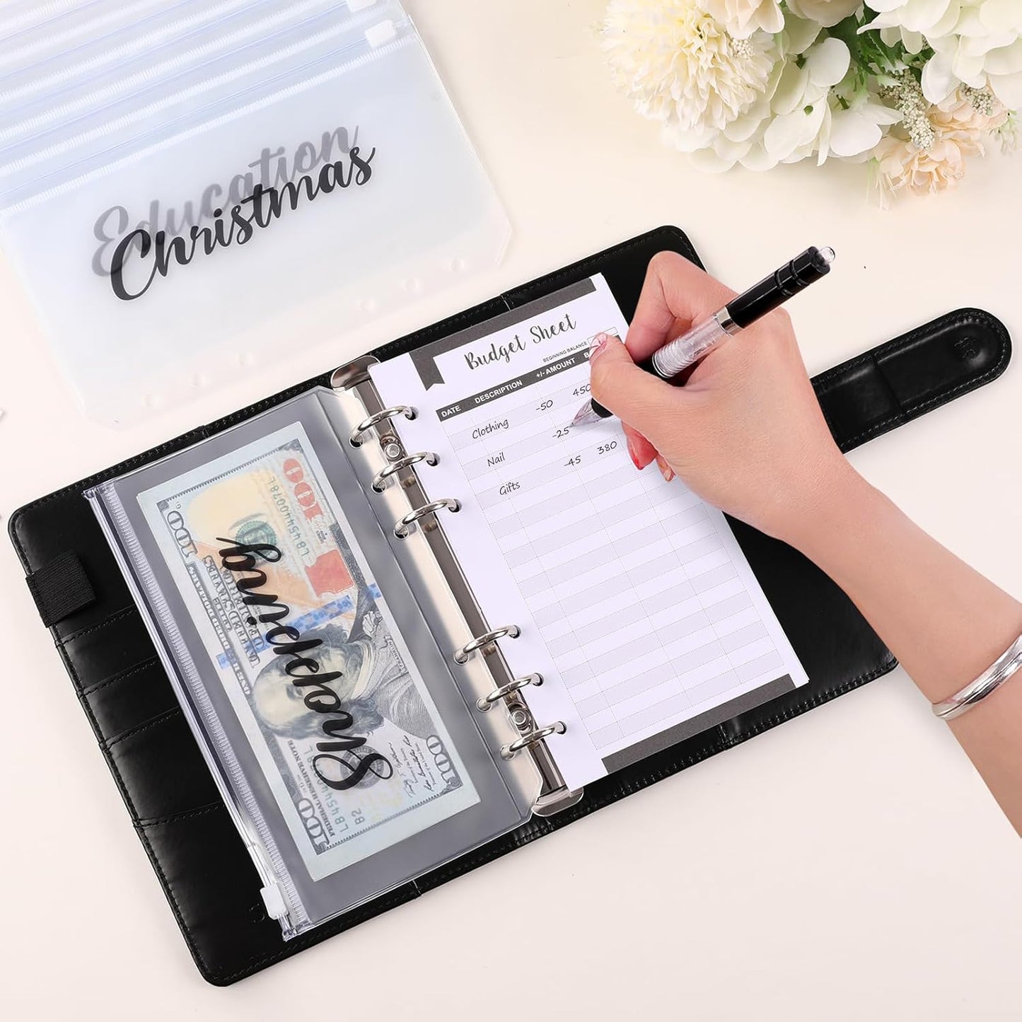SKYDUE Budget Binder, Money Saving Binder with Zipper Envelopes, Cash Envelopes and Expense Budget Sheets for Budgeting (Black Golden)