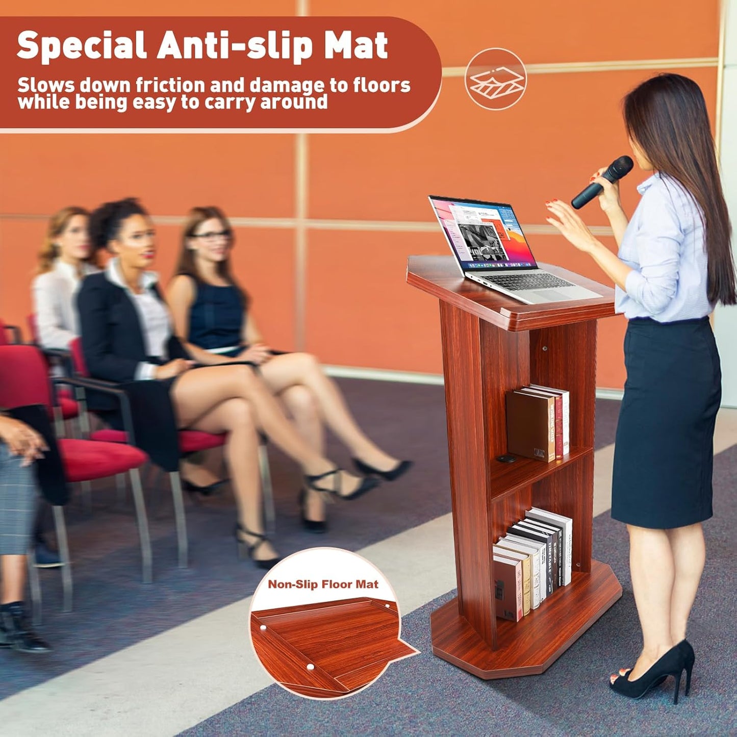 Wood Podium Stand withLarge 2-Tier Shelve, 49" Wooden Lectern with Reserved Wire Hole, Wooden Standing Pulpit with Reading Platfor for Church Office School Home Conference Restaurant Meeting