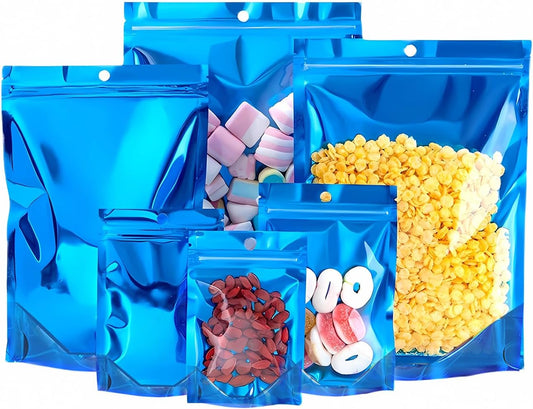 100 PCS Smell Proof Mylar Bags, Resealable Packaging Sealable Bags Stand Up Aluminum Foil Pouch Bags with Clear Window for Food Storage, Jewelry,Cookie,Small Business Packaging (Blue, 7 x 10 Inch)