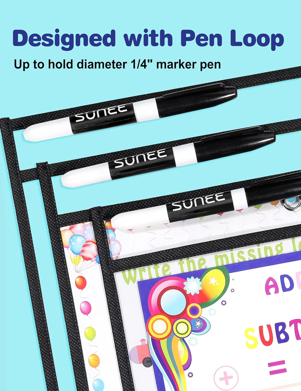 SUNEE 50 Packs Oversized Reusable Dry Erase Pocket Sleeves with 3 Rings, Black 10x14 Ticket Holders, Clear Plastic Sheet Protectors, Teacher School Classroom Supplies