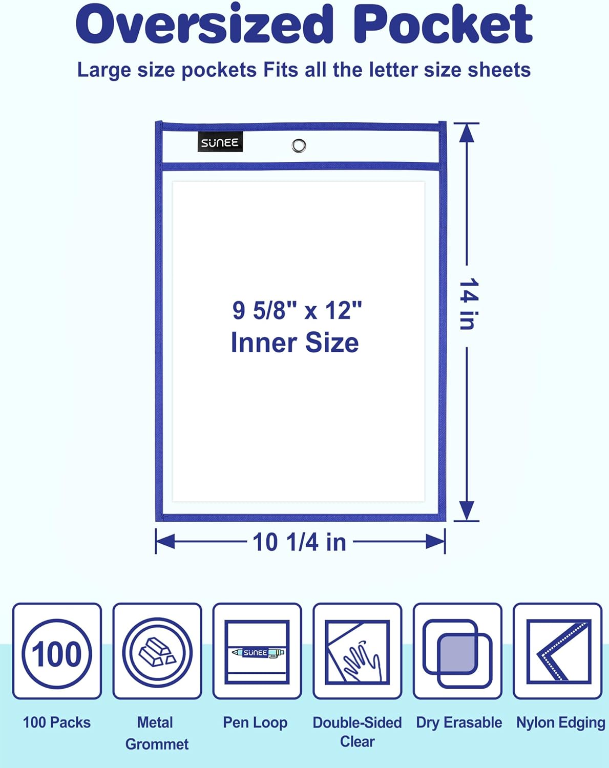 SUNEE 100 Packs Oversized Reusable Dry Erase Pocket Sleeves with 5 Rings, 10 Assorted Colors 10x14 Ticket Holders, Clear Plastic Sheet Protectors, Teacher School Classroom Supplies