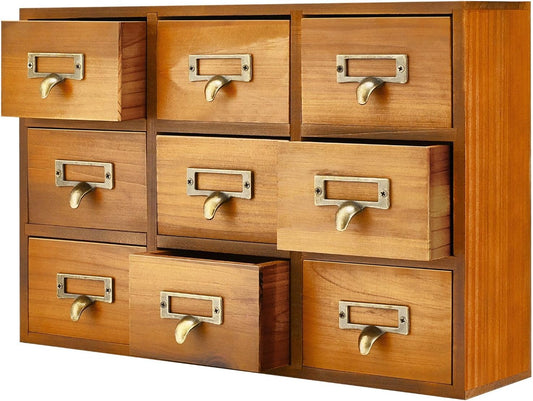 Flexzion Apothecary Cabinet with Drawers - 9 Vintage Apothecary Drawers Desktop Organizer for Home & Office - Wooden Tabletop Library Card Catalog Cabinet Storage for Jewelry, Makeup & Tools, Brown