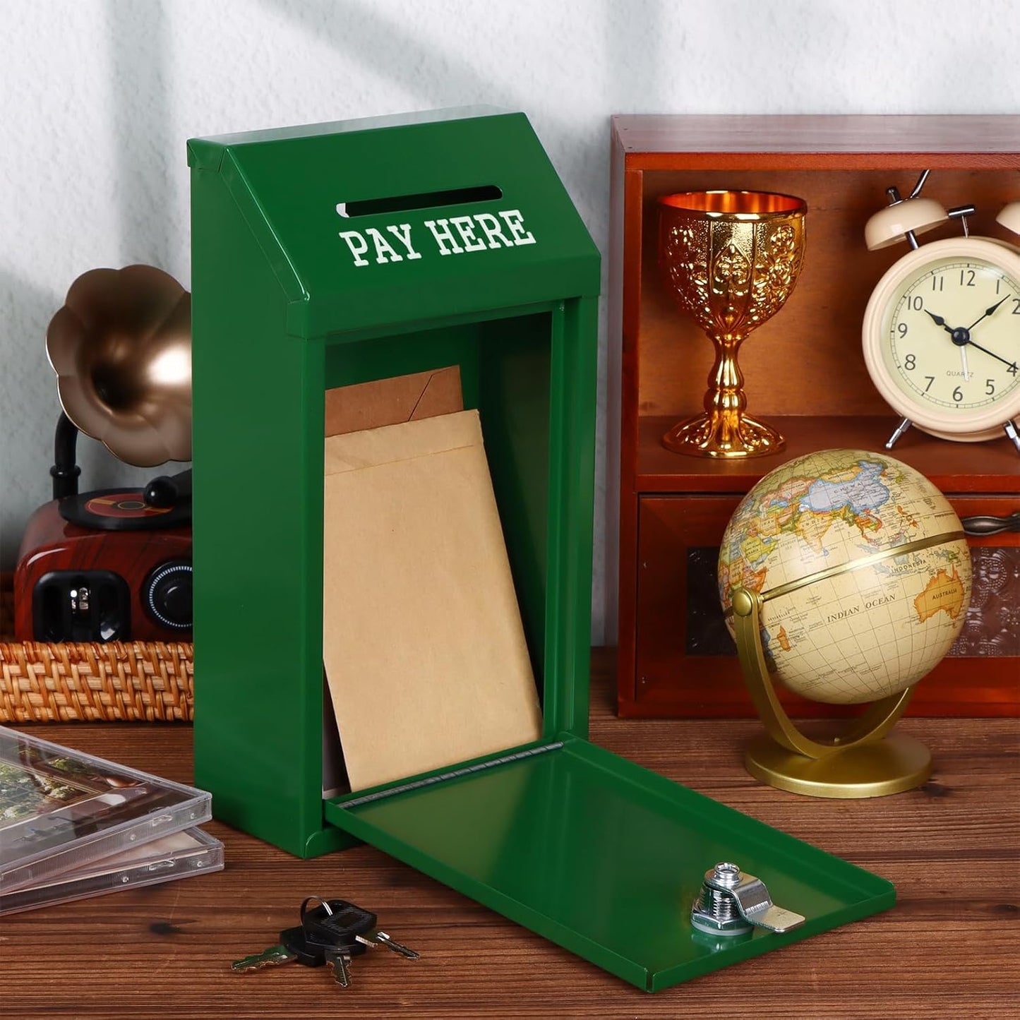 Metal Donation Box Collection Safe Suggestion Box with Lock Wall Mounted Mailbox Delivery Ballot Case Key Drop Case for Home Office Outdoor Door (Green, 10.24 x 5.71 x 2.95 Inch)