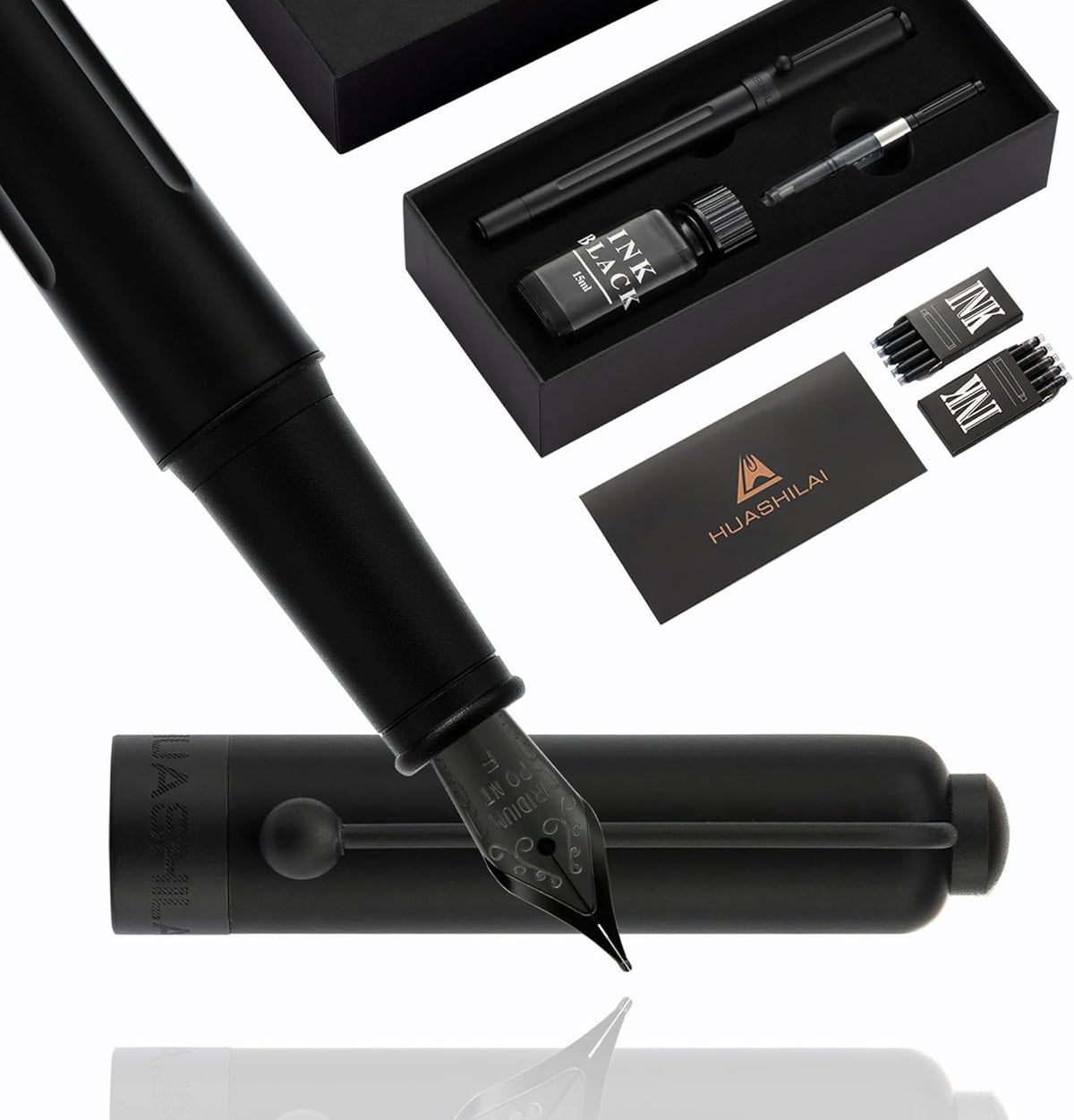Luxury Matte Black Forest Fountain Pen Set,Titanium Black Extra Fine and Medium Nibs,Includes 2 Ink Converters,10 Ink Cartridges,15ml ink，Premium Gift Case for Calligraphy (Fine Nib)