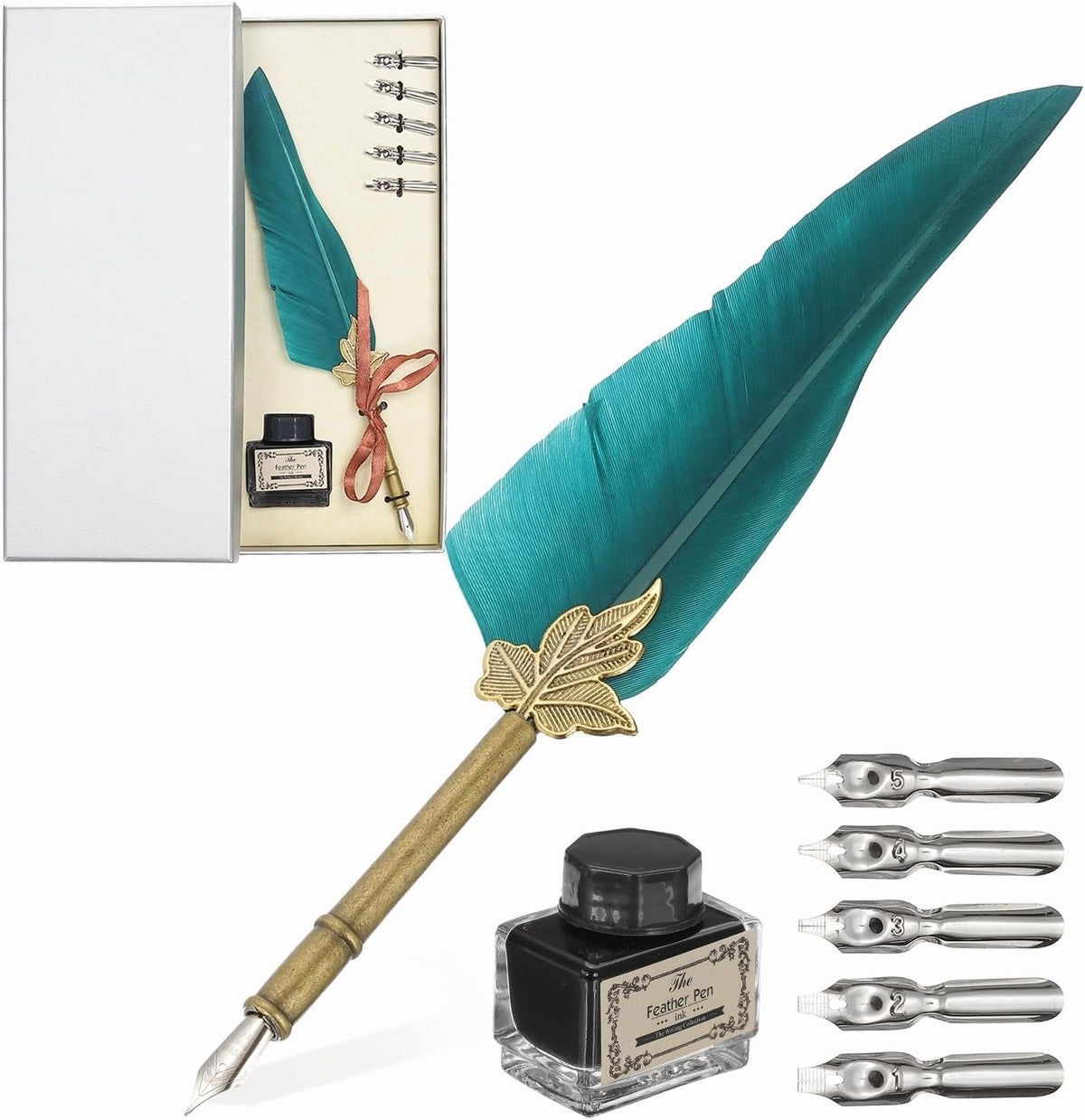 PATIKIL Feather Quill Pen Set, 1 Set Vintage Feather Calligraphy Pen Fountain Dip Pen Set with Ink, Pen Holder and Replacement Nibs for Beginner Writer Writing Gift, Dark Green(Silver Box)