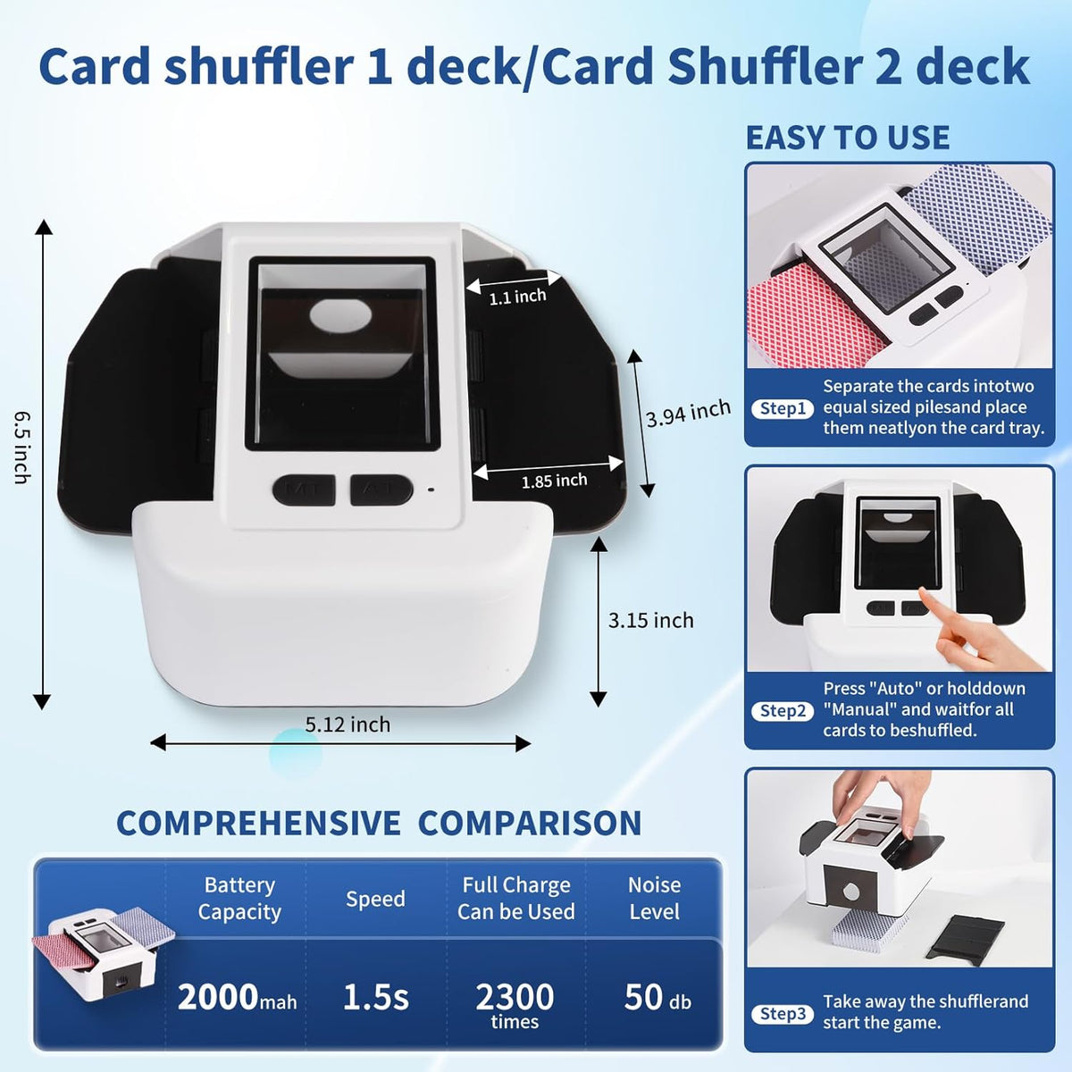 Rechargeable Automatic Card Shuffler for 2 Decks, 2000mAh Built in Battery USB-C Charge, Low Noise Fast Shuffle, Smart Auto Shuffler for UNO Poker Blackjack Skip-Bo Texas Hold'em Canasta Skyjo(White)