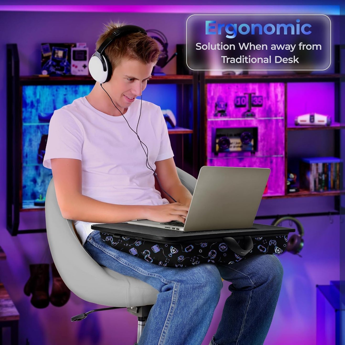 Lap Desk - Portable Laptop Stand & Stand, Fits Up to 17.3 in, Washable Cushion, Built-in Phone Holder & Mouse Pad - Gaming, Eating, Writing, Working on Bed, Couch,Floor - L.DOCTOR(Large, Gaming Accs)