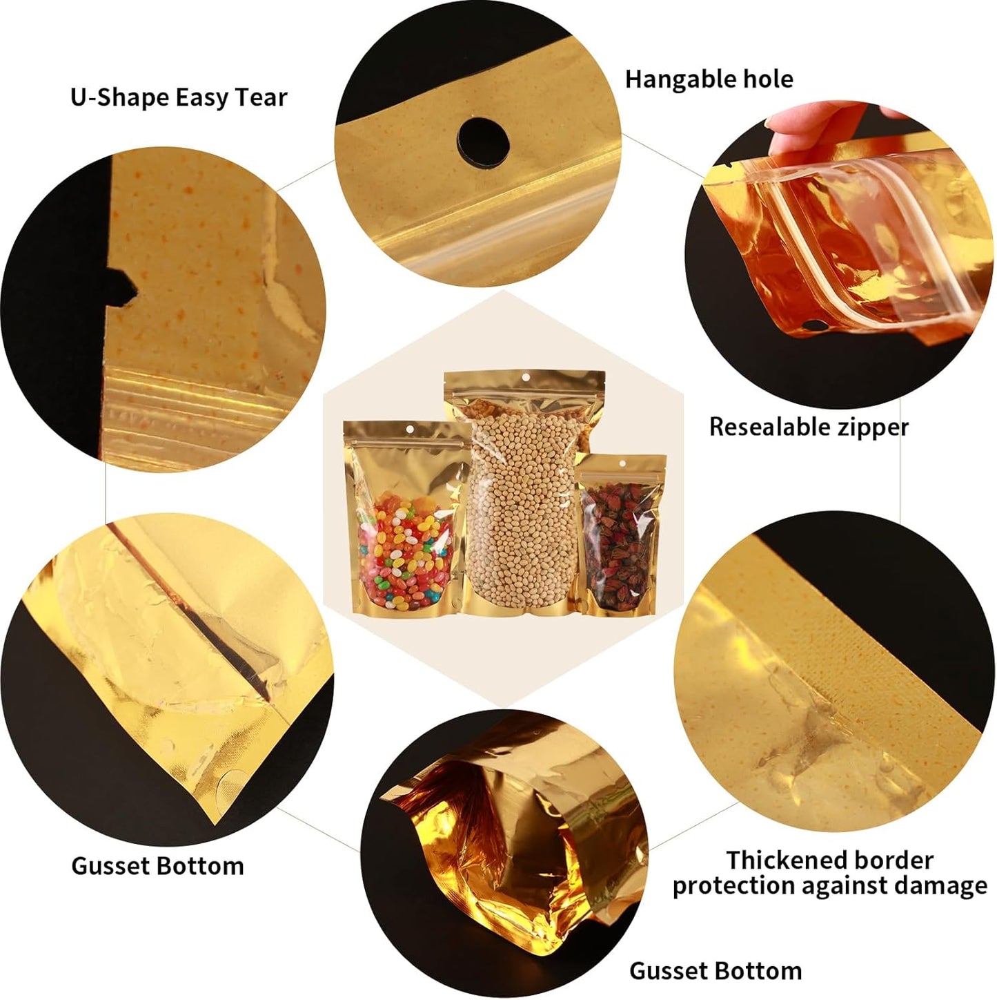 150 Pcs Mylar Bags for Food Storage 4x6 Mylar Bag with Window Stand Up Small Resealable Bags Smell Proof Bag Food Packaging for Small Business Freeze Dried Candy Jewelry Foil Packaging Gold