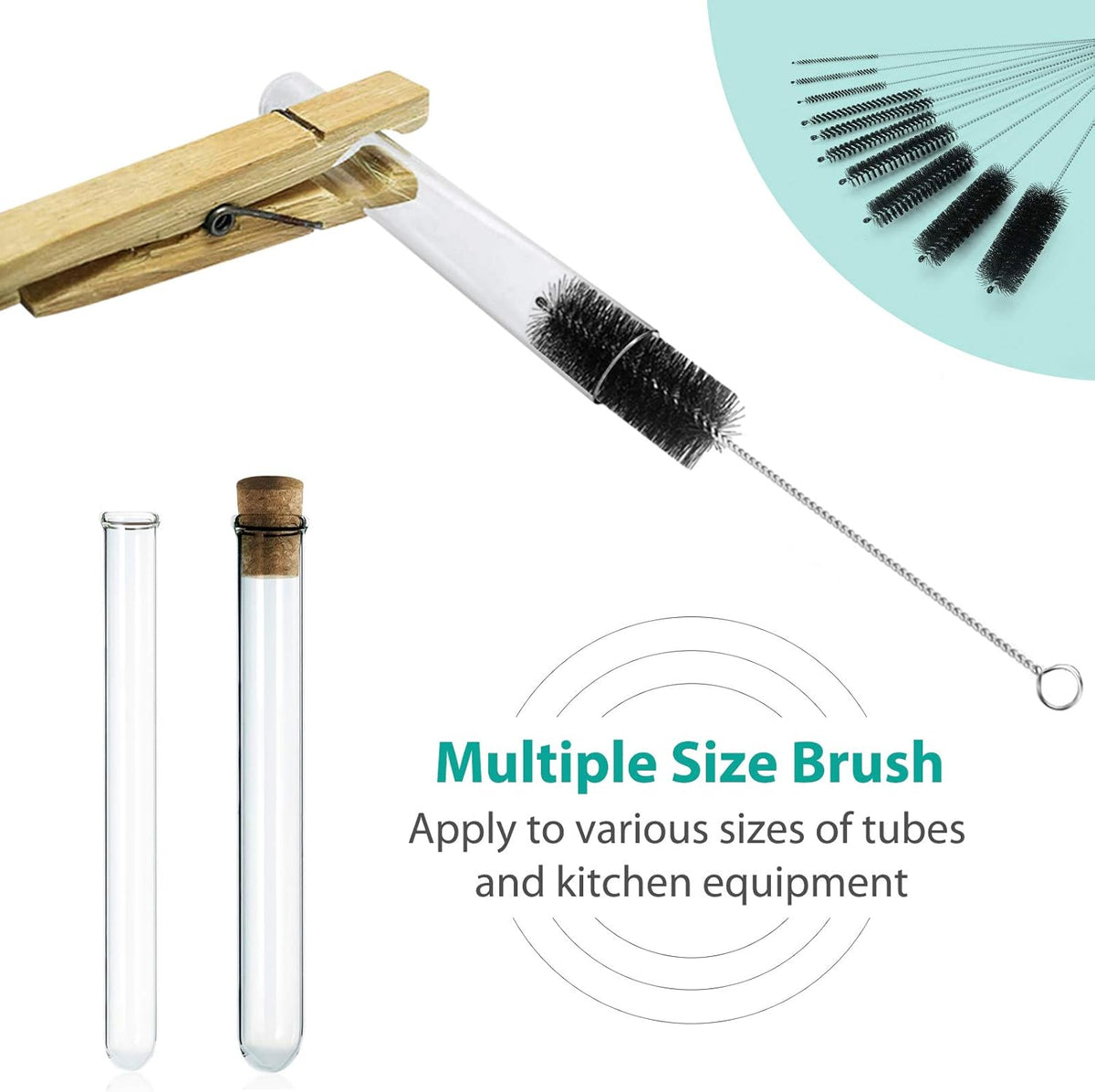 CiaraQ Bottle Cleaning Brushes, 8 Inch Nylon Tube Brush Set, Cleaner for Narrow Neck Bottles Cups with Hook, Set of 10pcs, Black