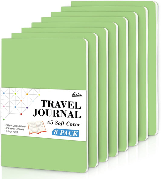 feela 8 Pack Soft Cover Journal Bulk, Notebooks College Ruled for Work, Lined Travel Journal for Women Men, Note Taking Notebook School Supplies Business Writing, 8.2” x 5.5”, A5, Light Green