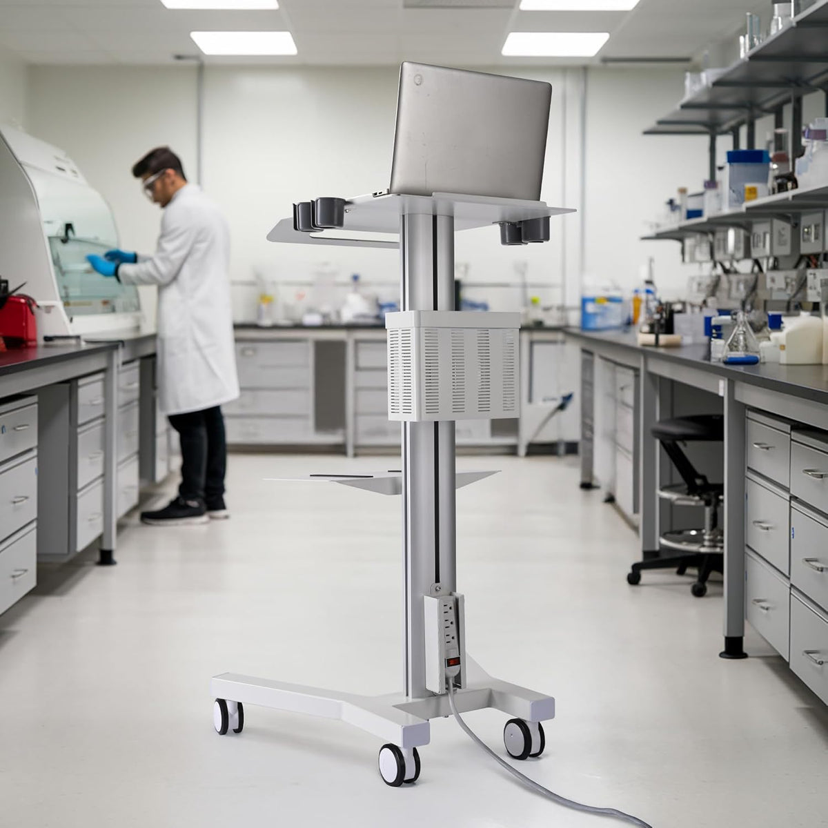 AW Medical Mobile Laptop Cart Rolling PC Stand Ultrasound Imaging Cart Computer Workstation on Wheels with Handle 220 Lbs Capacity CPU Printer Power Strip Holder for Dentistry Clinic Lap Hospital