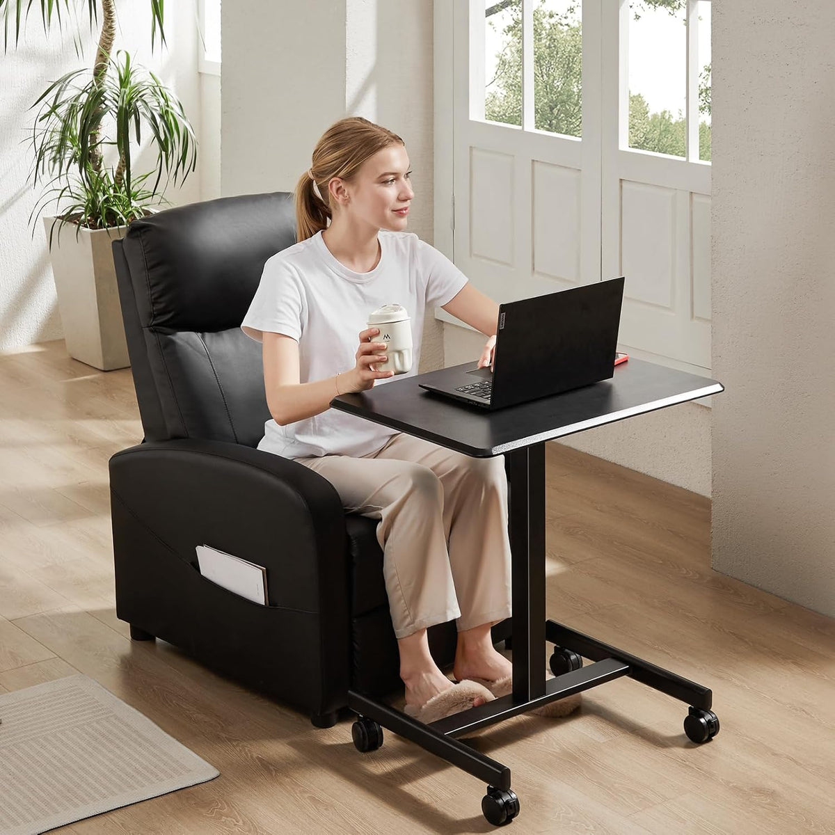 Sweetcrispy Small Mobile Rolling Standing Desk - Overbed Table, Teacher Podium with Wheels, Adjustable Work Table, Rolling Desk Laptop Computer Cart for Home, Office, Classroom, Black