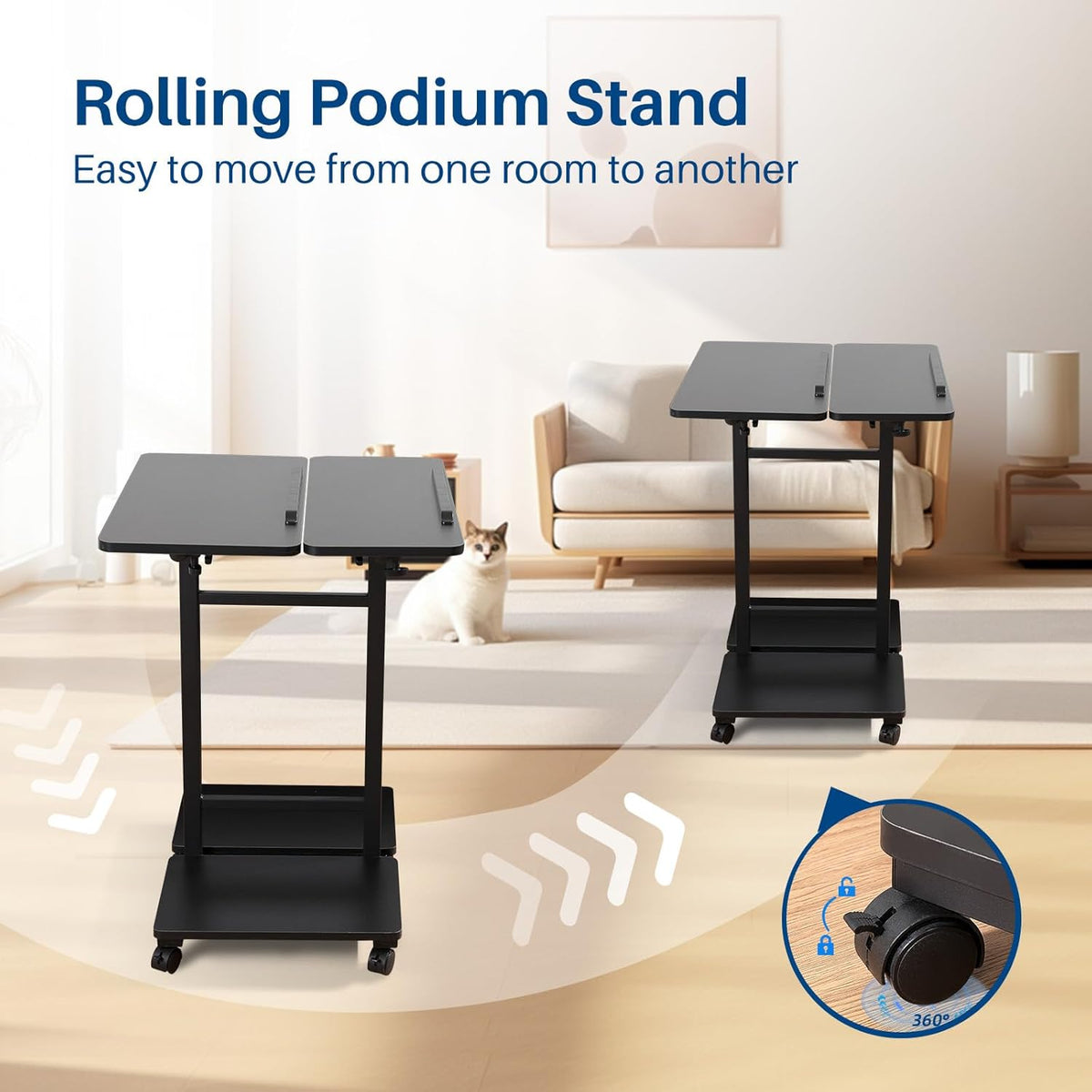 Multi-Purpose Lecterns & Podiums, Portable Mobile Standing Laptop Desk, Height Adjustable Rolling Podium Stand with Storage 2 Swivel Top,Sit Stand Lectern Desk Workstation for Classroom Church (Black)