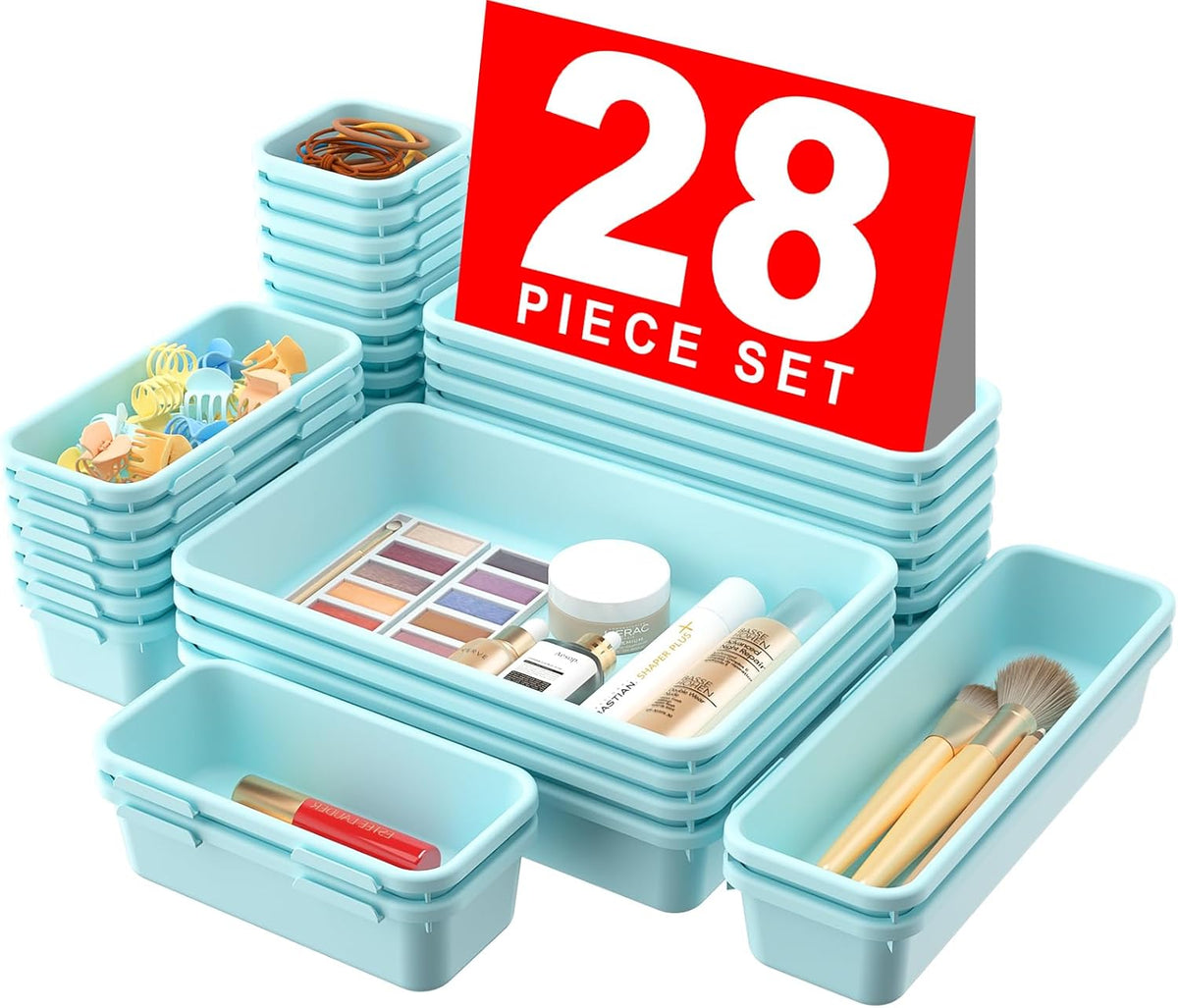 【28PCS】A-LUGEI Drawer Organizer, Bathroom Organizers and Storage, Makeup organizer, Desk drawer organizer, Storage Bins for Kitchen Office Bedroom Vanity Jewelry Pantry Garage【Black】【4Size】