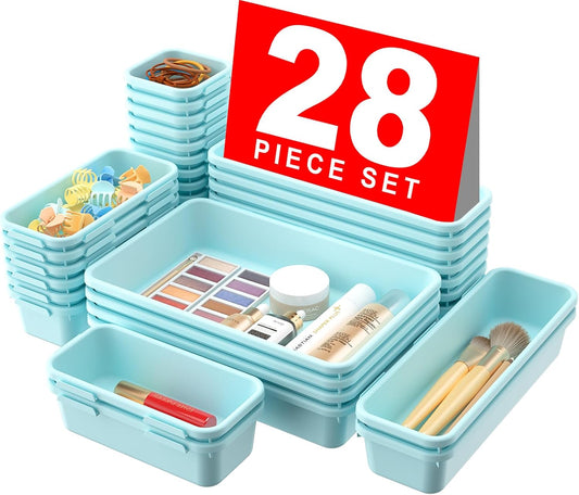 【28PCS】A-LUGEI Drawer Organizer, Bathroom Organizers and Storage, Makeup organizer, Desk drawer organizer, Storage Bins for Kitchen Office Bedroom Vanity Jewelry Pantry Garage【Black】【4Size】