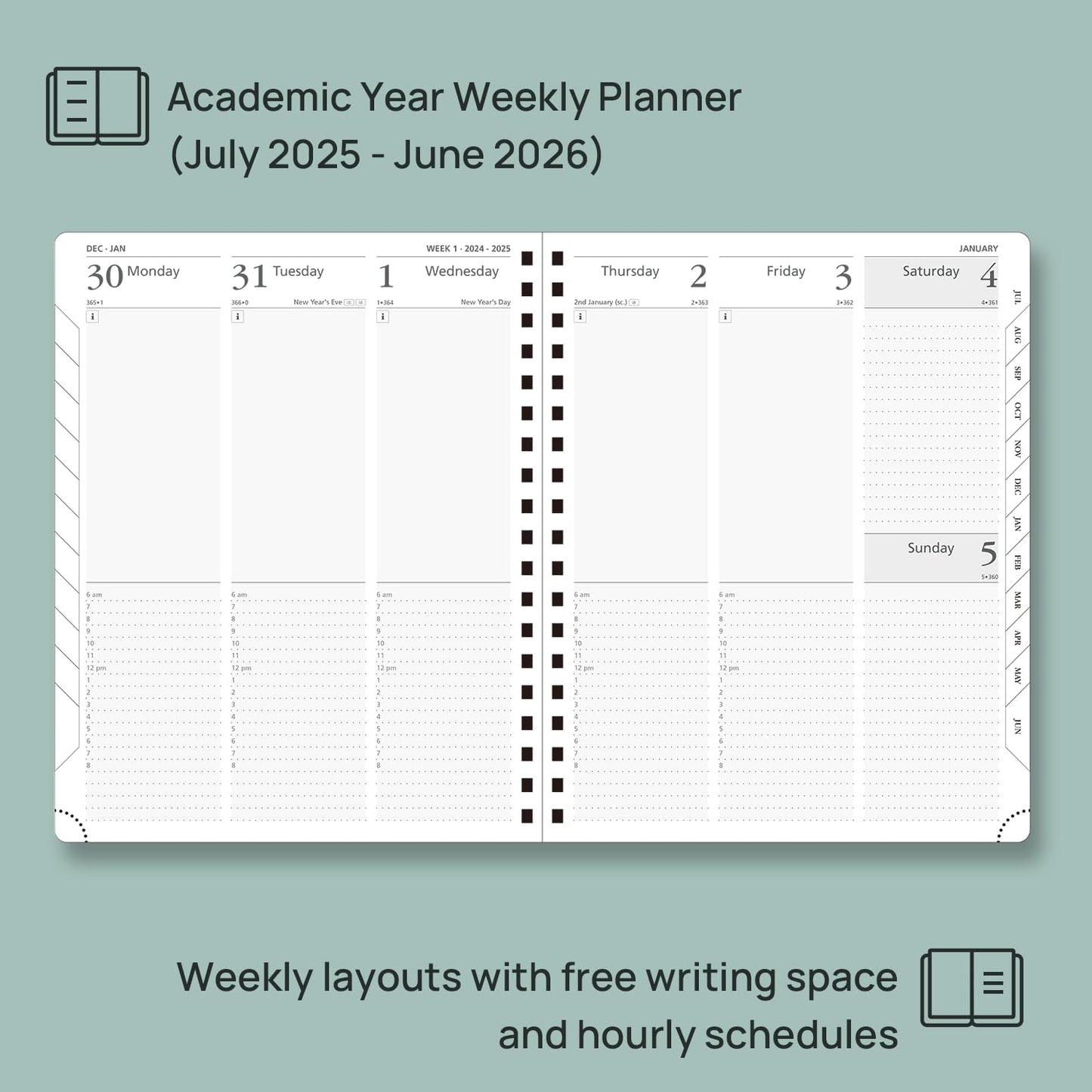 POPRUN Academic Planner 2025-2026 (July 2025-June 2026), Daily Weekly and Monthly Appointment Book (Wirebound Hard Cover - 10'' x 8'') with Hourly Time Slots, Tabs, 100 GSM - Midnight Green