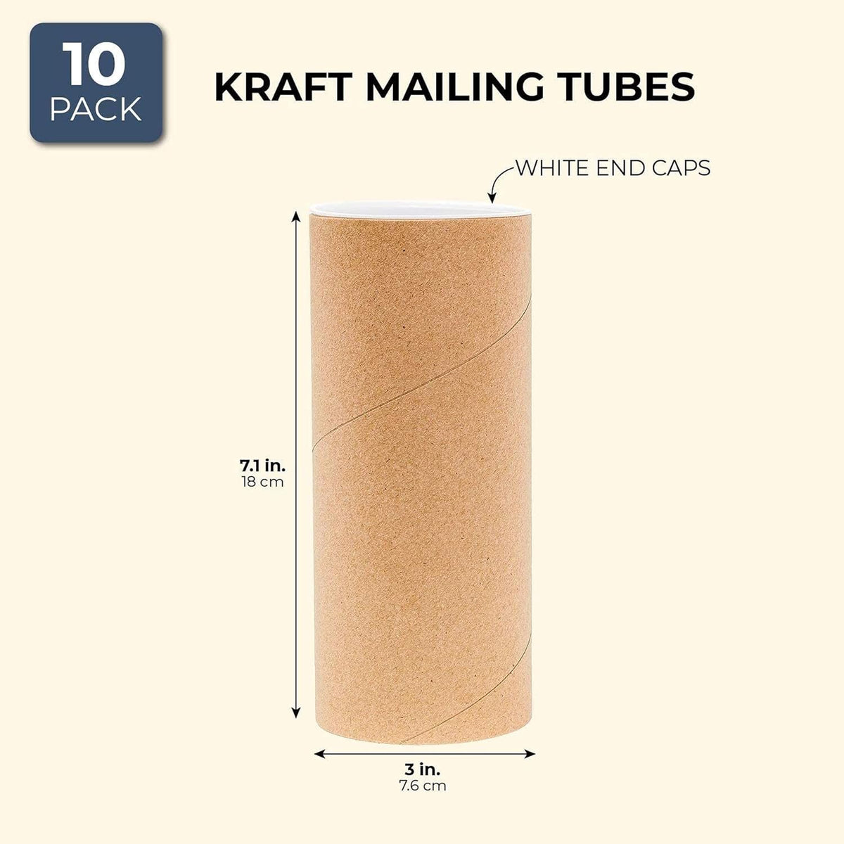 Juvale 10-Pack Mailing Tubes & Caps - 3 x 7 in Brown Mailer - Durable 3-Ply Spiral Round Cardboard Cylinder for Crafts & Secure Packaging