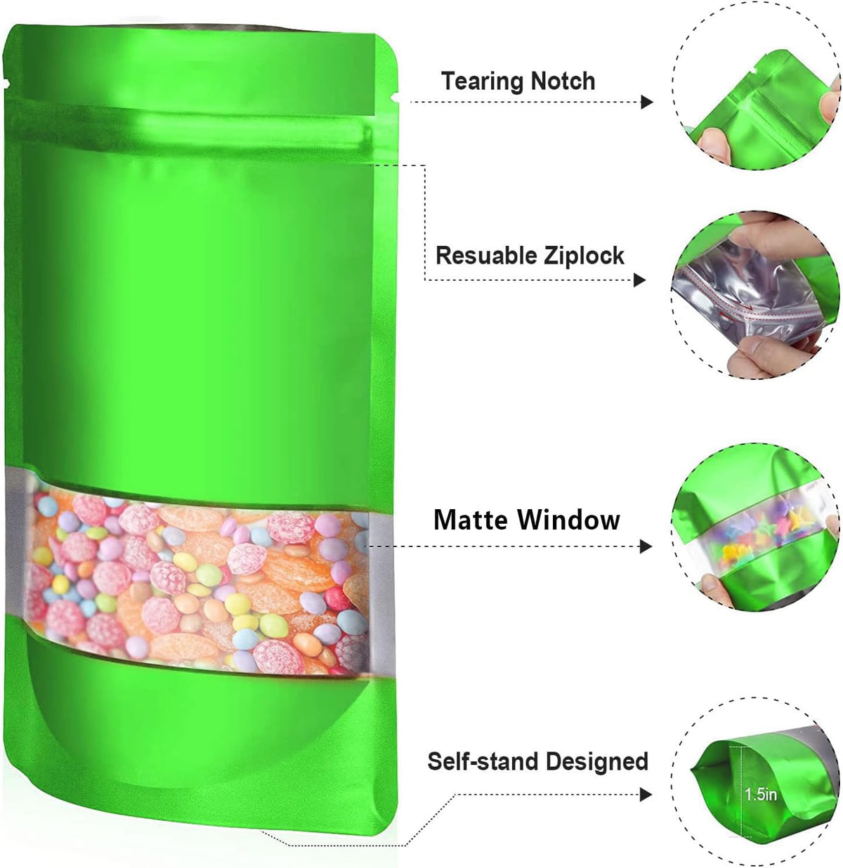 7.1"x10.2" 1 Quart 120pcs Mylar Bags for Food Storage,Smell Proof Bag with Matte Window Resealable Food Storage Bags for Small Business, Stand-up Foil Pouch Packaging Freeze Dried Candy Bag（Green）