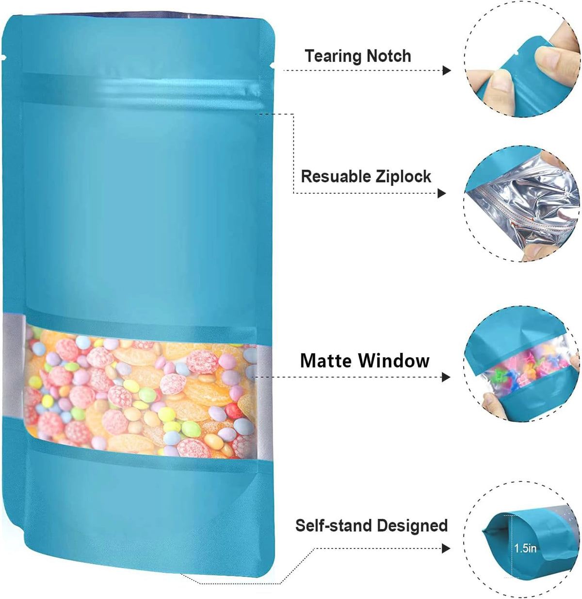 5.5"x7.8" 120pcs Mylar Bags for Food Storage,Smell Proof Bag with Matte Window Resealable Food Storage Bags for Small Business, Stand-up Foil Pouch Packaging Freeze Dried Candy Bag (Blue