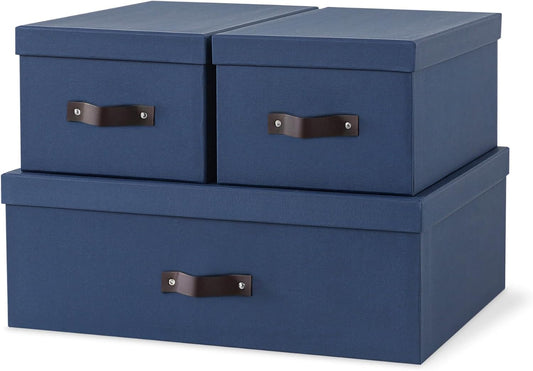 Soul & Lane Decorative Storage Boxes with Lids - Set of 3 (One Large and Two Medium), Sturdy Cardboard Organizers for Photos, Versatile Boxes with Handles for Office & Home, Navy