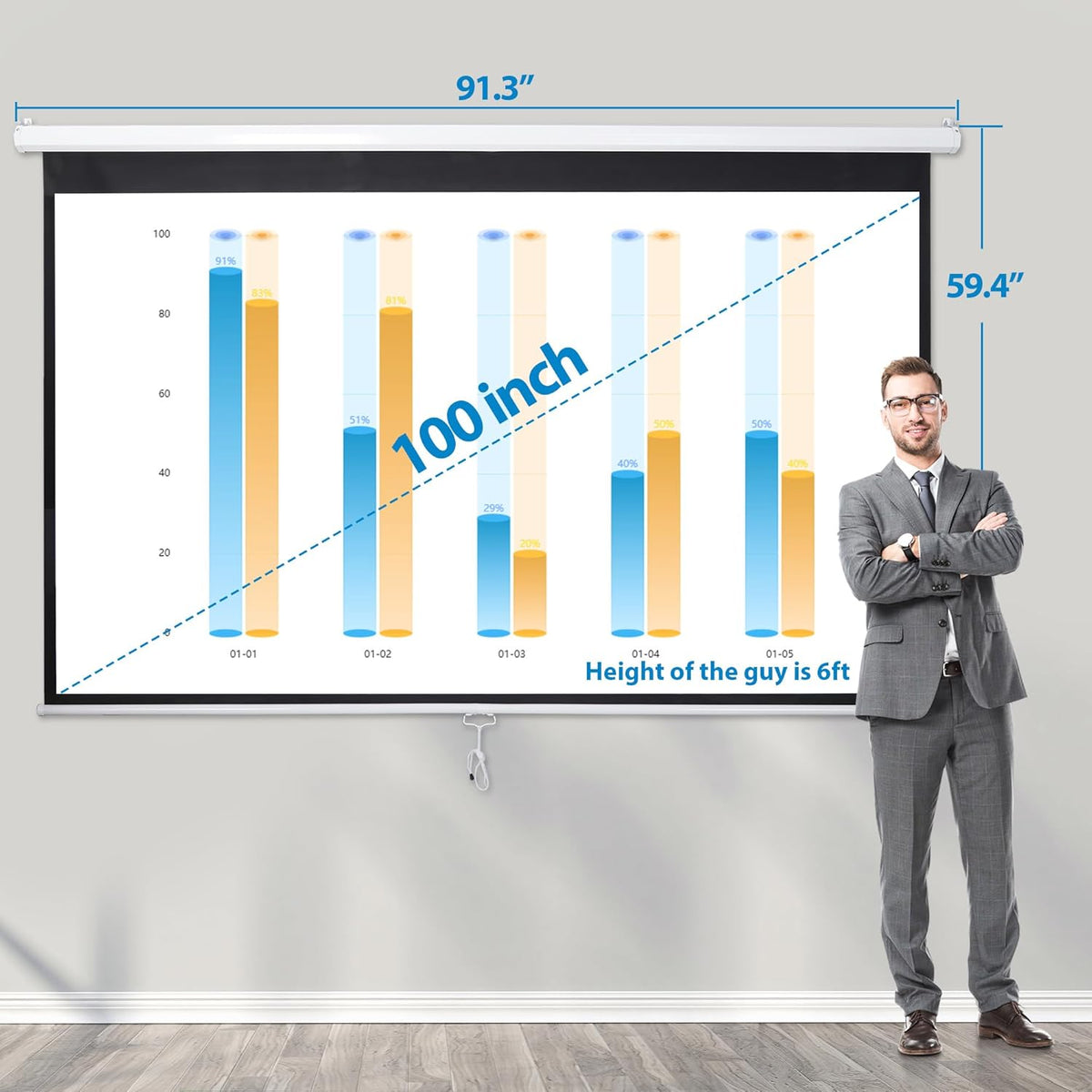 ZENY Projector Screen Pull Down 100 Inch 16:9 HD Projection Screen Folding Home Theater Portable Indoor Outdoor Movie Screen