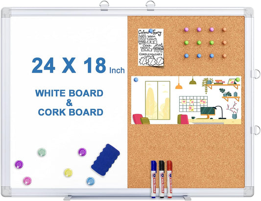 Magnetic White Board and Cork Board Combo, 24 X 18 inches Whiteboard Bulletin Combination Board, Wall Mounted Dry Erase Message Board for Home, School and Office