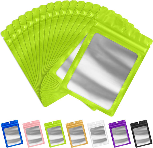 FUNFERY 100 Pack Mylar Resealable Bags Foil Packaging Bags with Clear Window,Zipper Pouch Smell Proof Bag for Food Storage,Cookies,Sample,Small Business(Green,2.4x3.9inch)