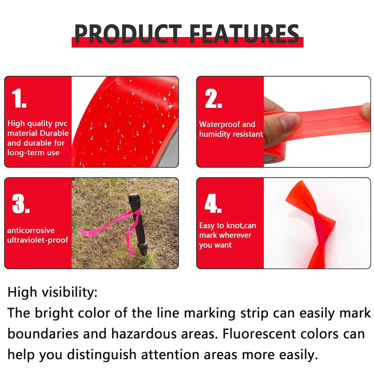 6 Pack Red Flagging Tape, Non-Adhesive Plastic Ribbon Neon Marking Roll, 1inch*600ft, Marking Tape for Tree Marking, Hunting, Boundaries and Hazardous Areas,Trail Marking