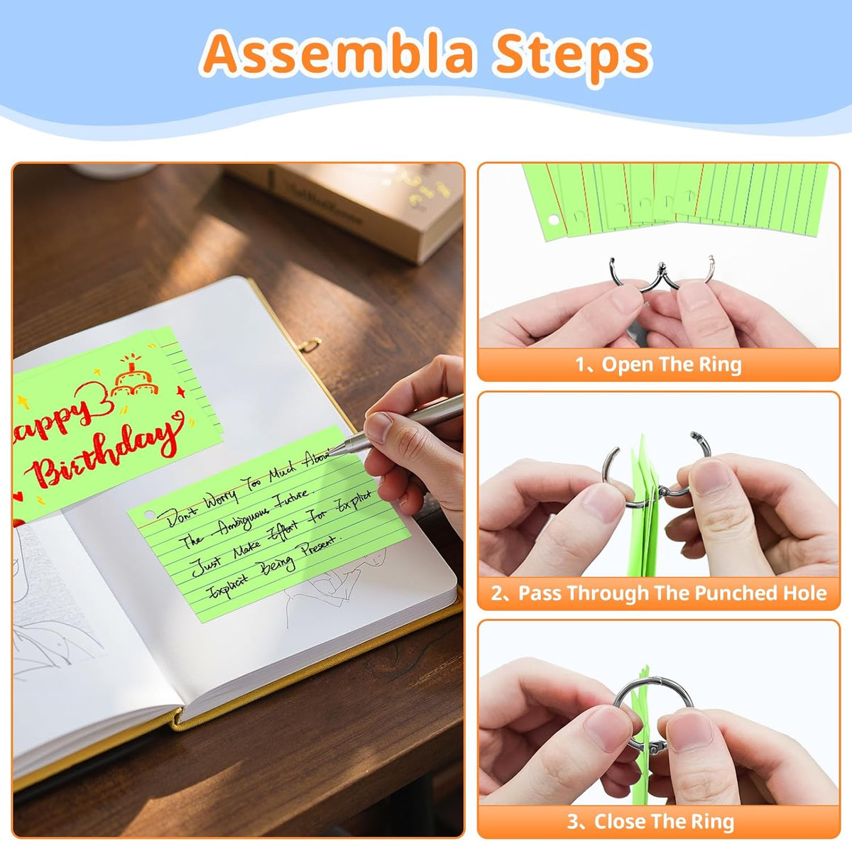 Index Cards 3x5 Inches, 300 PCS, Green Flash Cards With Ring, Punched Lined Study Card Ruled Flashcards Notecards, Ruled Front And Blank Back, Note Card for School, College And Home