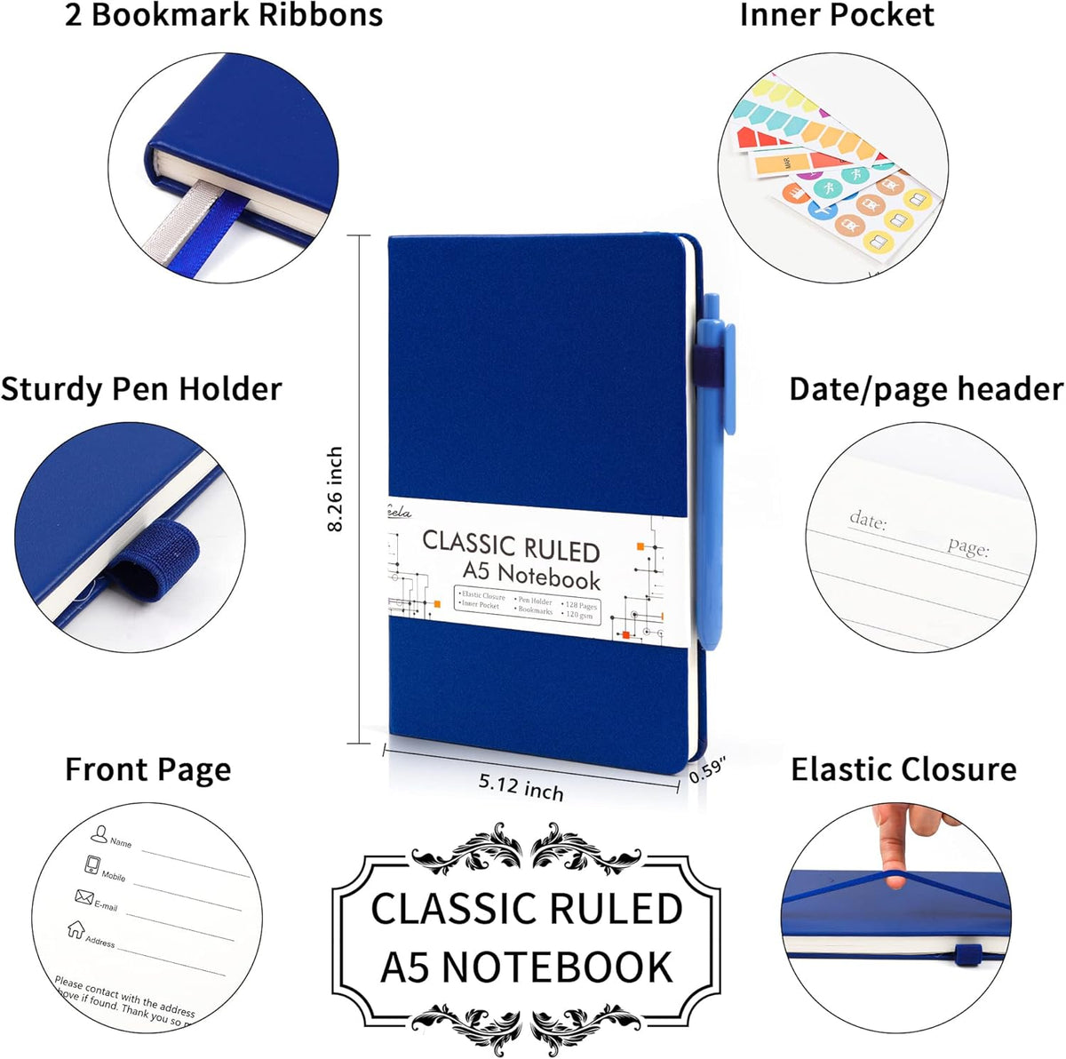 feela 5 Pack Journal Notebook Bulk for School, Hardcover Business Notebooks Classic Ruled Lined Journals with Pen Holder for Work Note Taking, with 5 Black Pens, 120 GSM, 5.1”x8.3”, A5, Navy