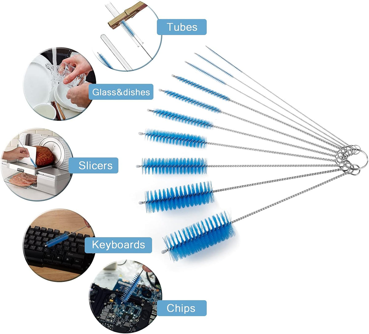 CiaraQ Bottle Cleaning Brushes, 8 Inch Nylon Tube Brush Set, Cleaner for Narrow Neck Bottles Cups with Hook, Set of 10pcs. Blue