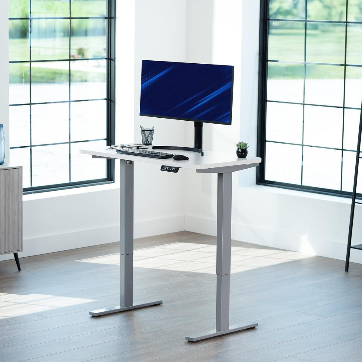 VIVO Electric 43 x 24 in Standing Desk, Memory Height Adjustment, 1B Series, One-Piece White Top, Gray Frame, DESK-KIT-1G4W