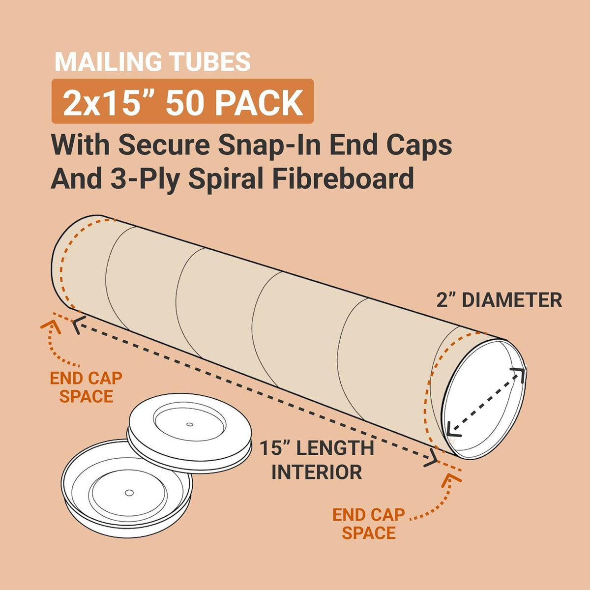 AVIDITI Mailing Tubes with Caps, 2"L x 15"W, 50-Pack | Cardboard Tube Mailer for Poster Box, Blueprint, Teachers, Artwork, Long Art Holder 2x15
