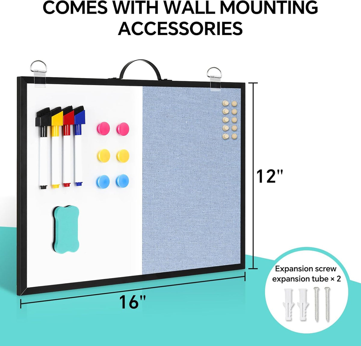 White Board Linen Bulletin Board Combo, 16"x12", Double-Sided Magnetic Dry Erase Cork Board for Walls, Aluminum Frame Small Pin Board with Handles for Home, Office, School, Light Blue Felt