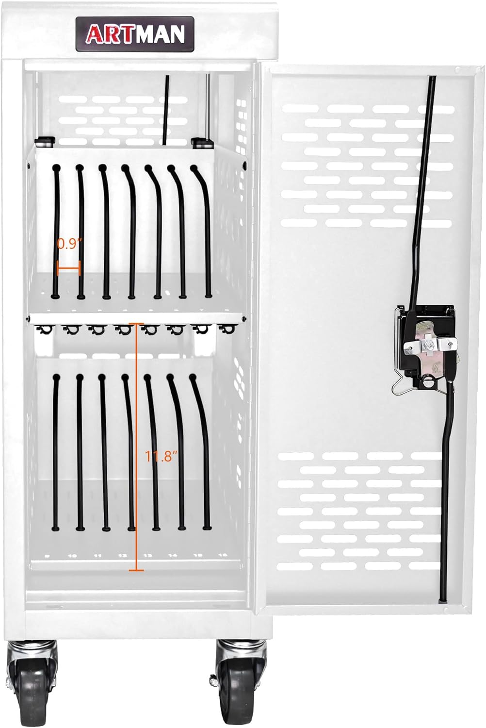 16 Device Charging Cart, Laptop and Tablet Storage Cart, Holds Up to 14" with Cord Management, Front and Rear Access Locking, Desktop Charging and Storage Cabinet for Classroom or Office.White