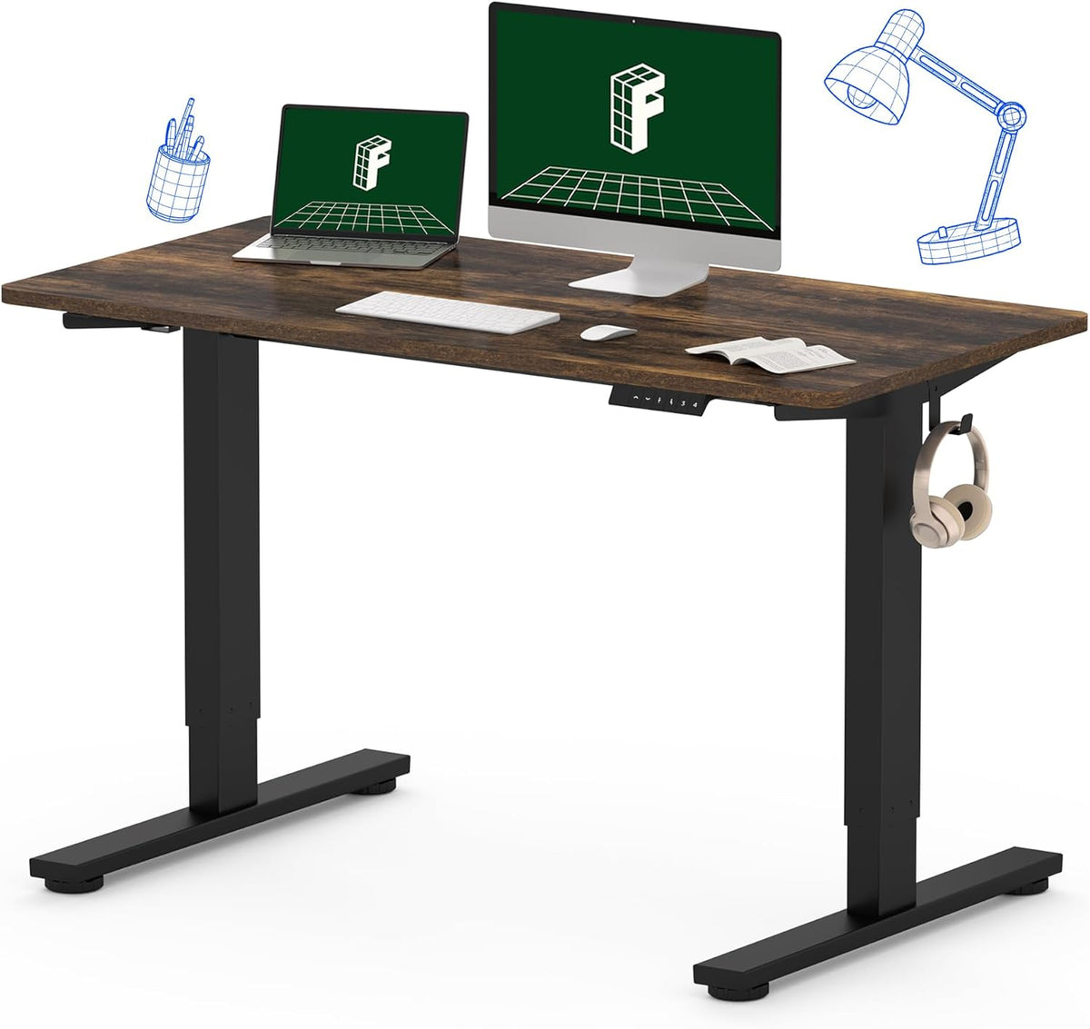 FLEXISPOT One-Piece Electric Standing Desk, 48 x 30 Inches Adjustable Desk with Seamless Desktop, Memory Controller Height Adjustment (Black Frame + Rustic Brown Desktop, 2 Packages)