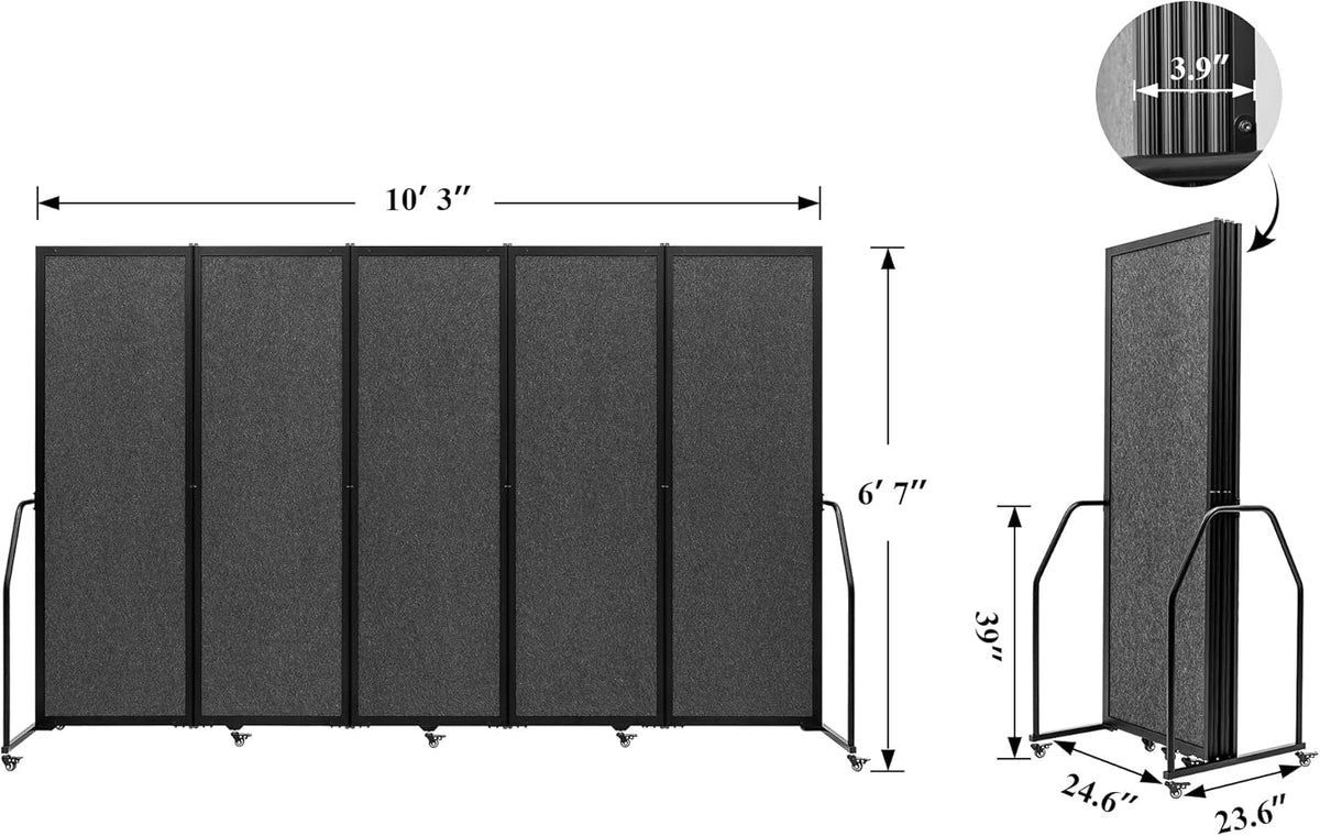 Folding Privacy Screens Freestanding partition with Wheels and arms Portable dividers for Medical Hospital Offices 5 Panel, Dark Gray