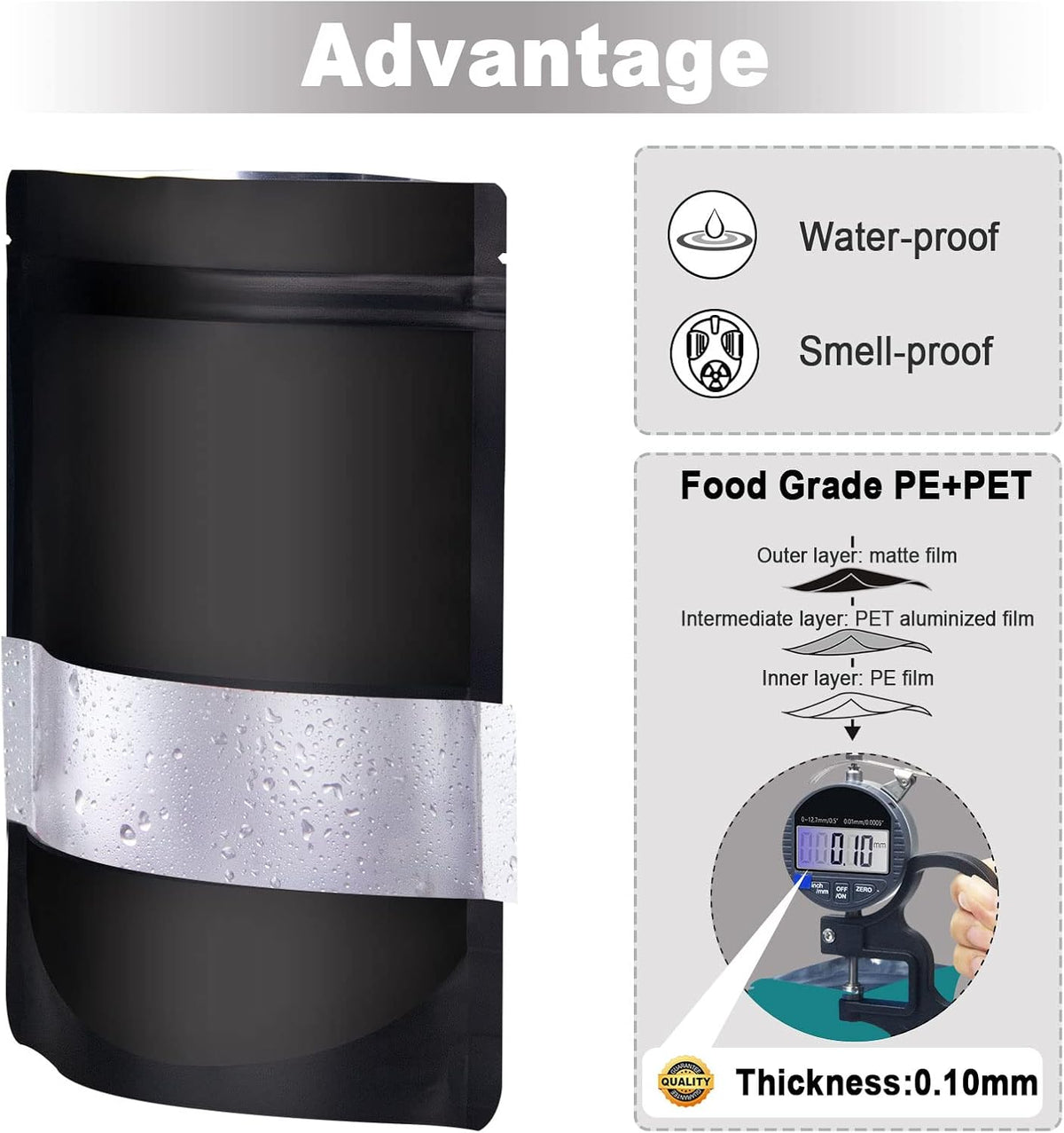 6.3"x9.5" 120pcs Mylar Bags for Food Storage,Smell Proof Bag with Matte Window Resealable Food Storage Bags for Small Business, Stand-up Foil Pouch Packaging Freeze Dried Candy Bag（Black）