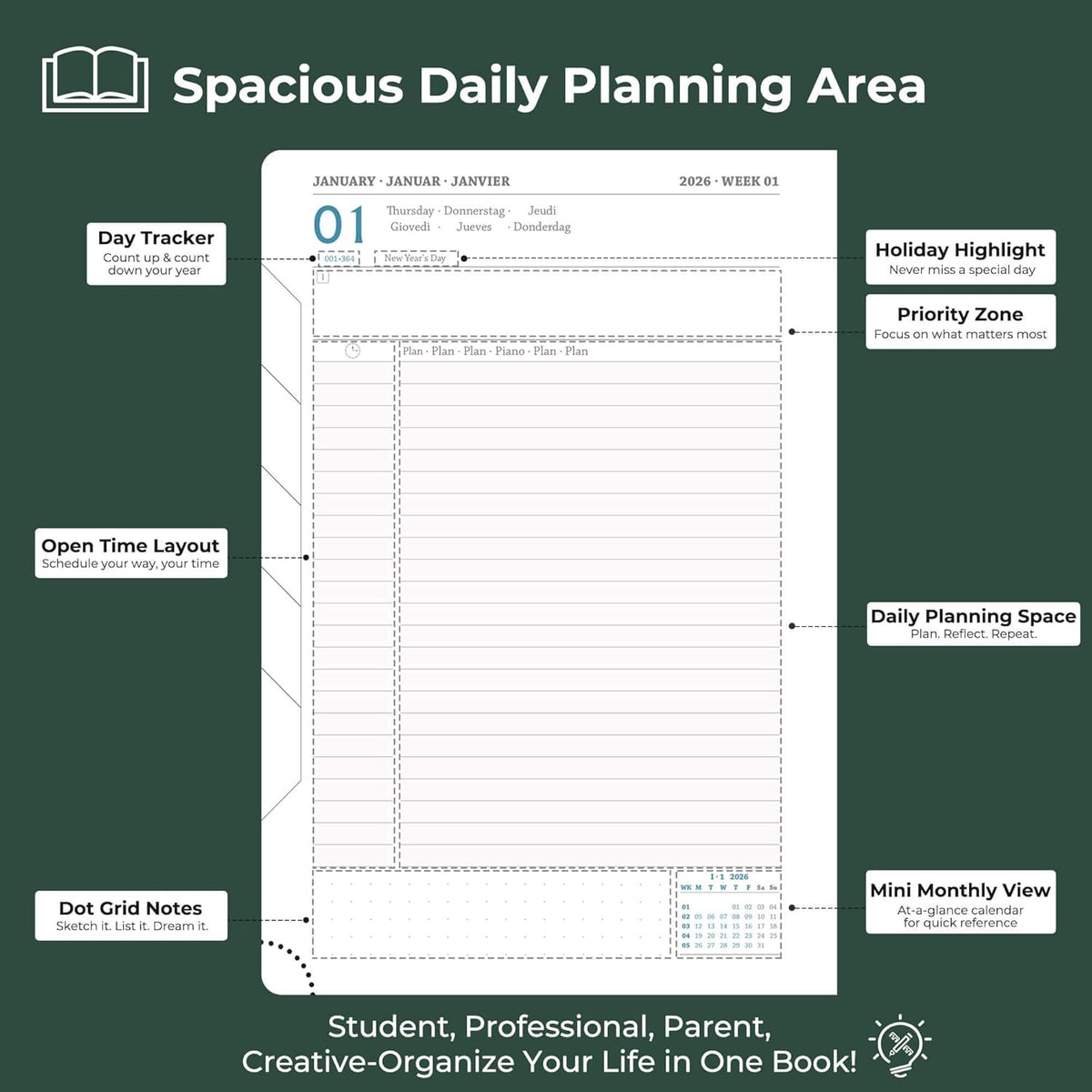 Daily Planner 2026 with One Page Per Day,(A5-8.5" x 5.9"),12 Months Calendar Hourly Appointment Book Monthly Tabs & Self-adhesive Pen Holder,Inner Pocket, Vegan Leather Hardback,Green