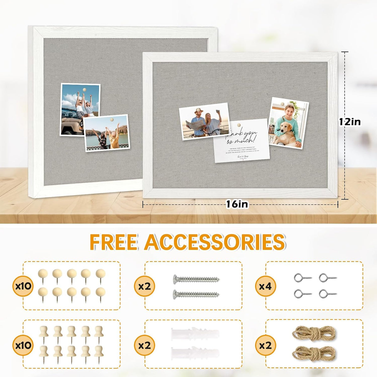 DOLLAR BOSS Cork Boards with Linen 2-Pack 16''X 12'' Cork Board for Walls White Wood Framed Small Bulletin Board Hanging Pin Board for Home Kitchen Office Decoration 20 Pushpin, Grey