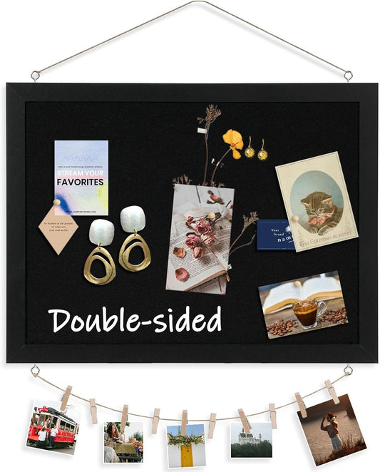DOLLAR BOSS Black Cork Board with Linen Double-Sided 16''X 12'', Black Cork Boards for Walls, Wood Frame Bulletin Board Hanging Pin Board, Cork Board for Office Home School 1-Pack