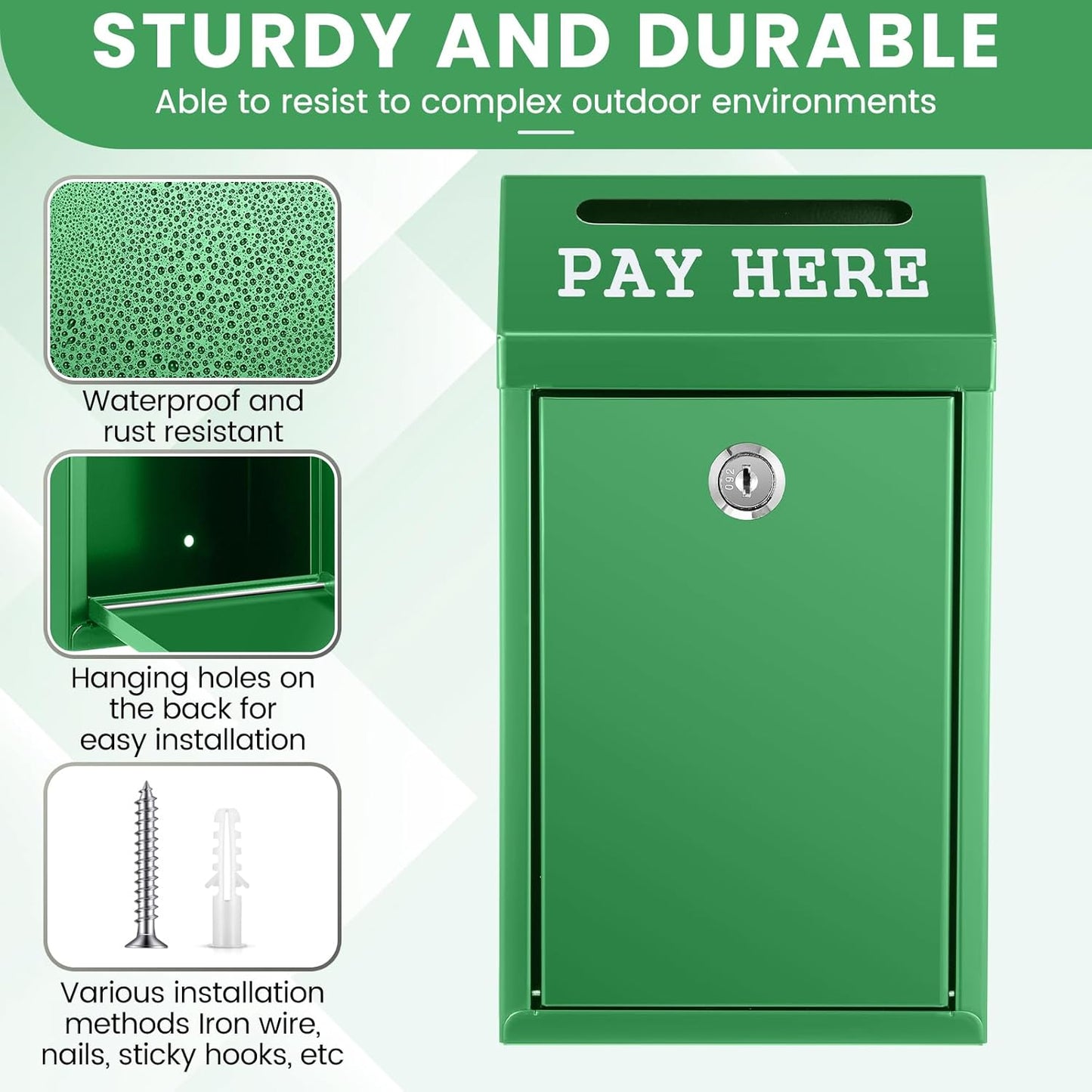 Safe Cash Box Money Collection Metal Donation Box with Lock Wall Mount Pre Drilled Mailbox Delivery Ballot for Home Office Outdoor Self Serve Stand(Green,10.2 x 5.7 x 2.8 Inch)