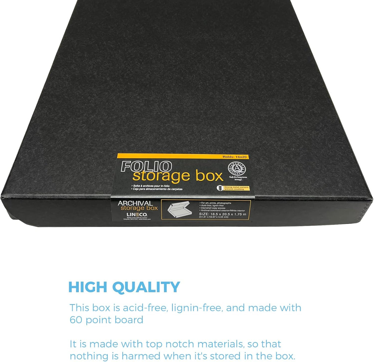 Lineco Clamshell Folio Storage Box, 16.5" x 20.5" x 1.75" Prints, Metal Edge Archival Boxboard, Color: Black