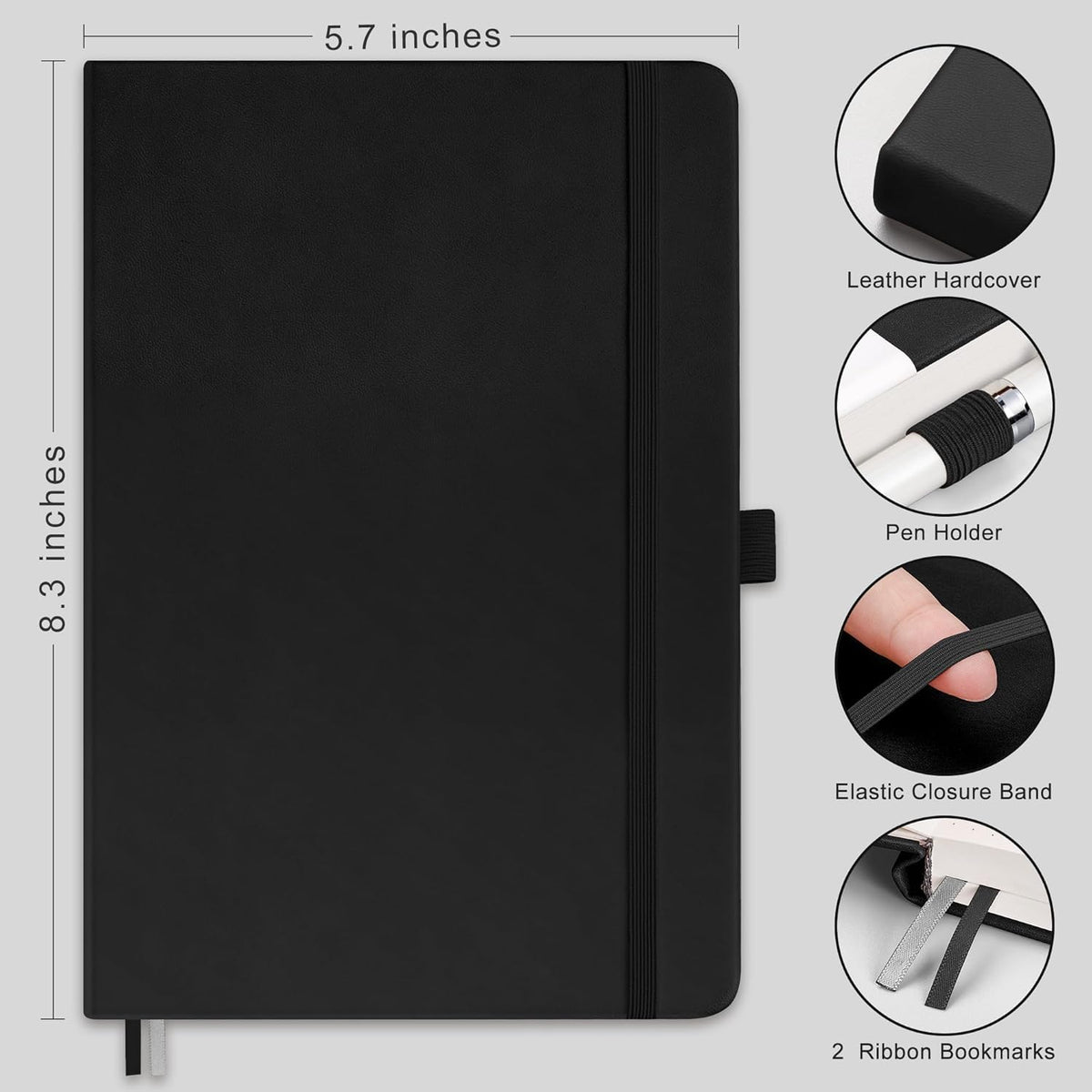 RETTACY Graph Grid Paper Notebook, 192 Pages, A5 Medium Size (5.7'' x 8.3''), 5 Squares per Inch, Leather Hardcover, 100 GSM Thick Paper, for School, Students, Math, Engineering (Black)