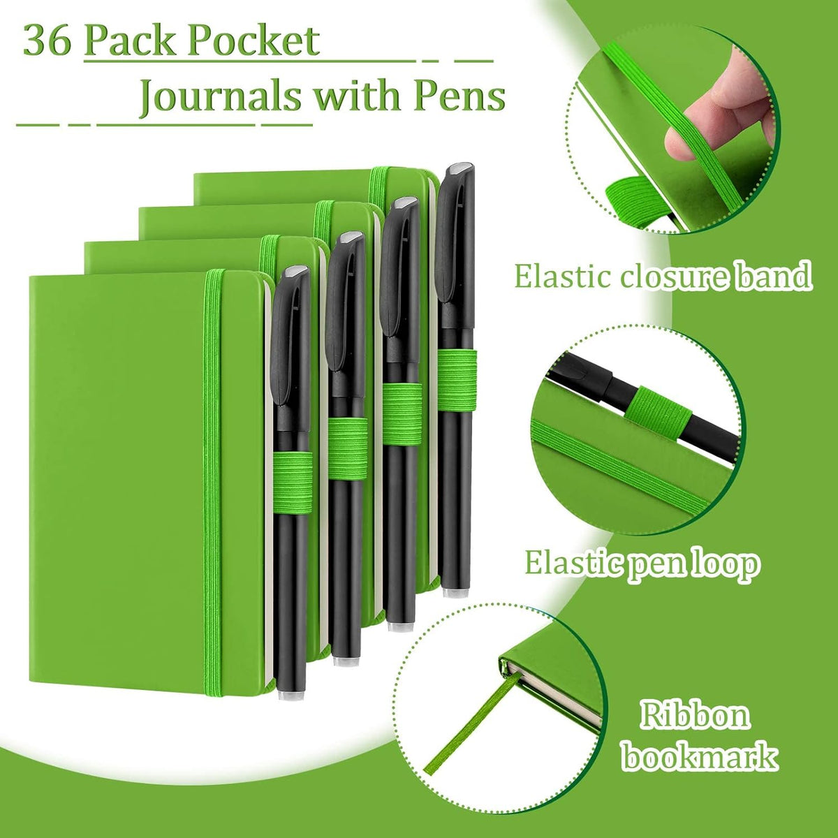Laumoi 36 Sets Pocket Notebook Journals with Pens A6 Cute Small Journal Notebook Ruled Lined Mini Notepad Hardcover Executive Notebooks Set with Pen Holder for School Office, 3.7 x 5.7 Inch (Green)