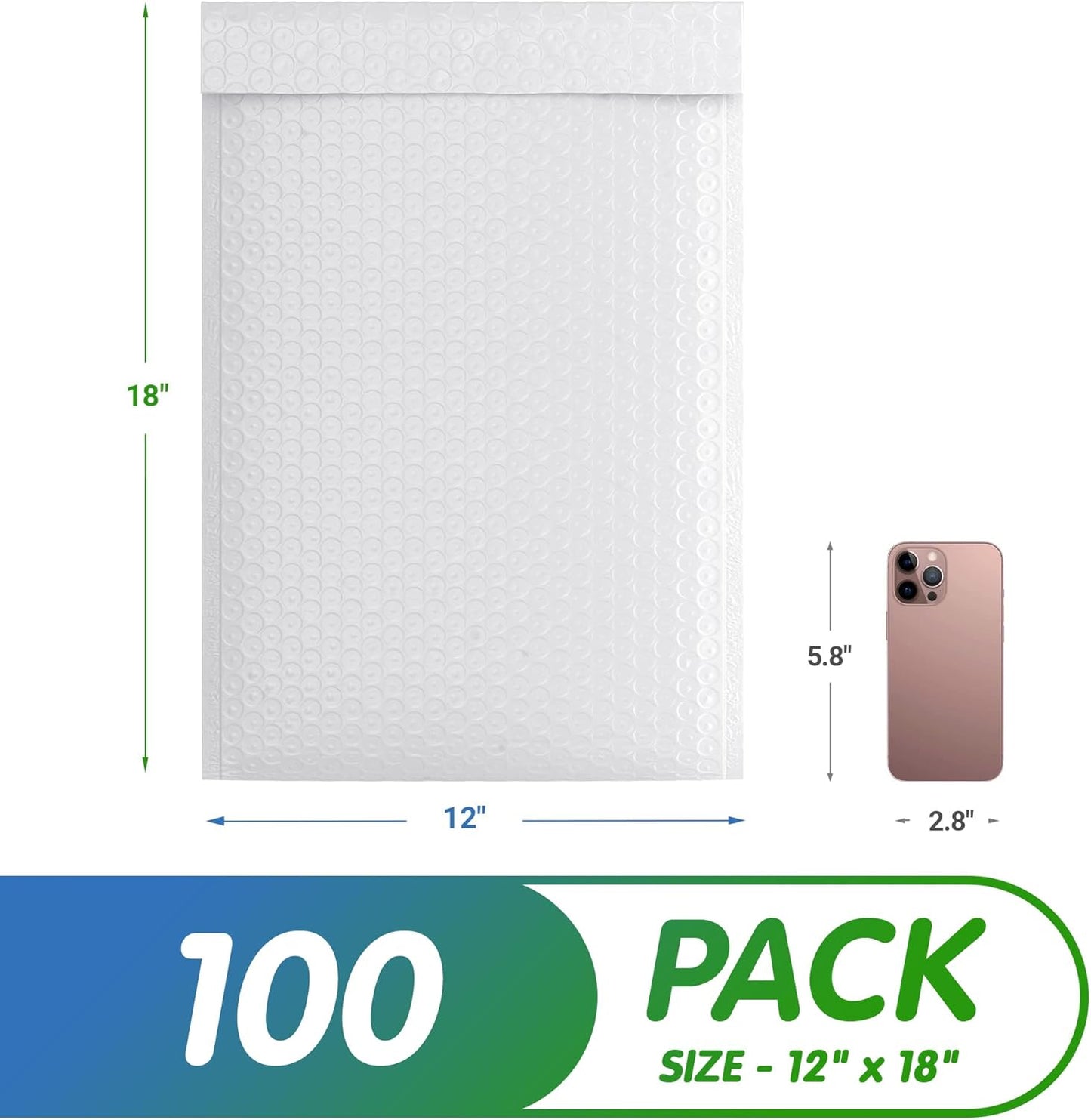 White Poly Bubble Mailers 12.5 x 18 Inch. Pack of 100 Padded Envelopes Waterproof. Self Seal Padded Mailers with Durable Seams. Lightweight Padded Shipping Envelopes for Mailing Fragile Things