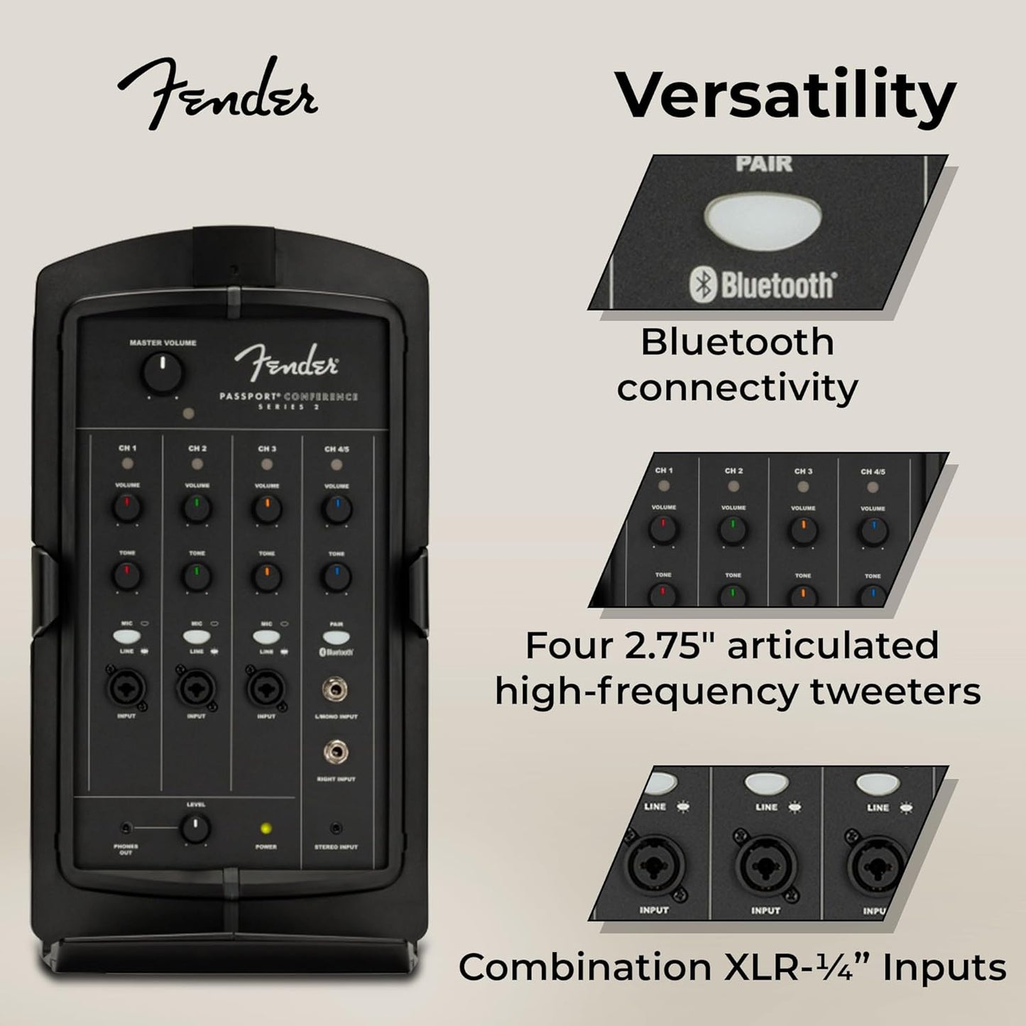 Fender Passport Conference S2 Portable PA System Bundle with Compact Speaker Stands, XLR Cable, and Instrument Cable