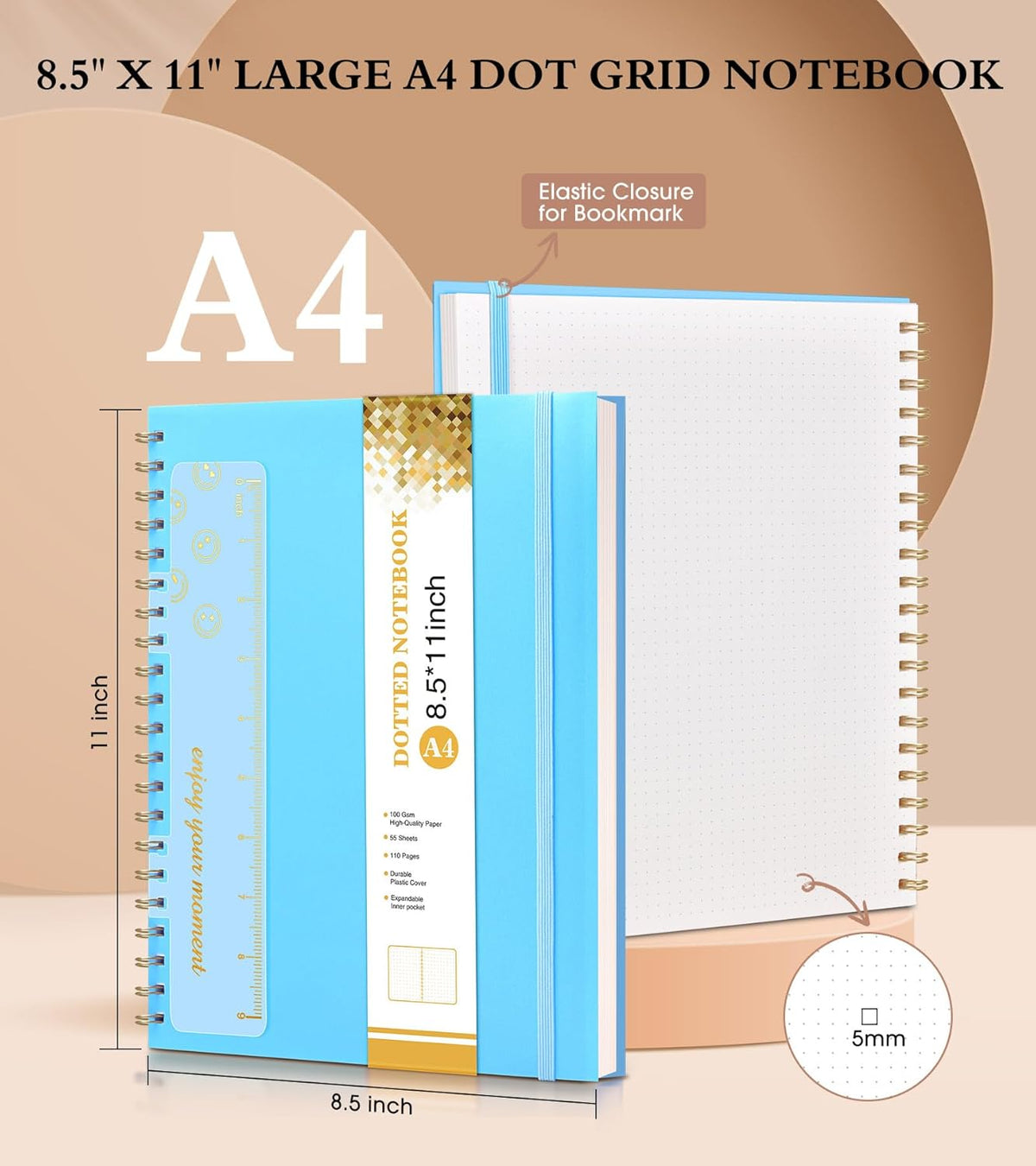 Dotted Notebook, Spiral Notebook Journal 8.5” x 11”, A4 Large Dot Grid Notebooks for Women Men, 100 GSM Dotted Paper, Plastic Hardcover Spiral Bullet Journals for Work School Sketching, Blue