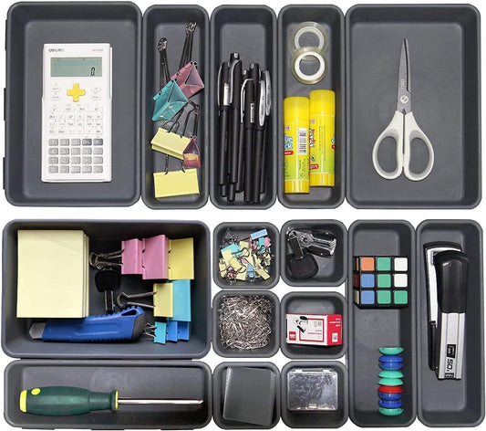 15 PCS Interlocking Desk Drawer Organizer Separator for Office,Bathroom,Kitchen,Makeup（Black）